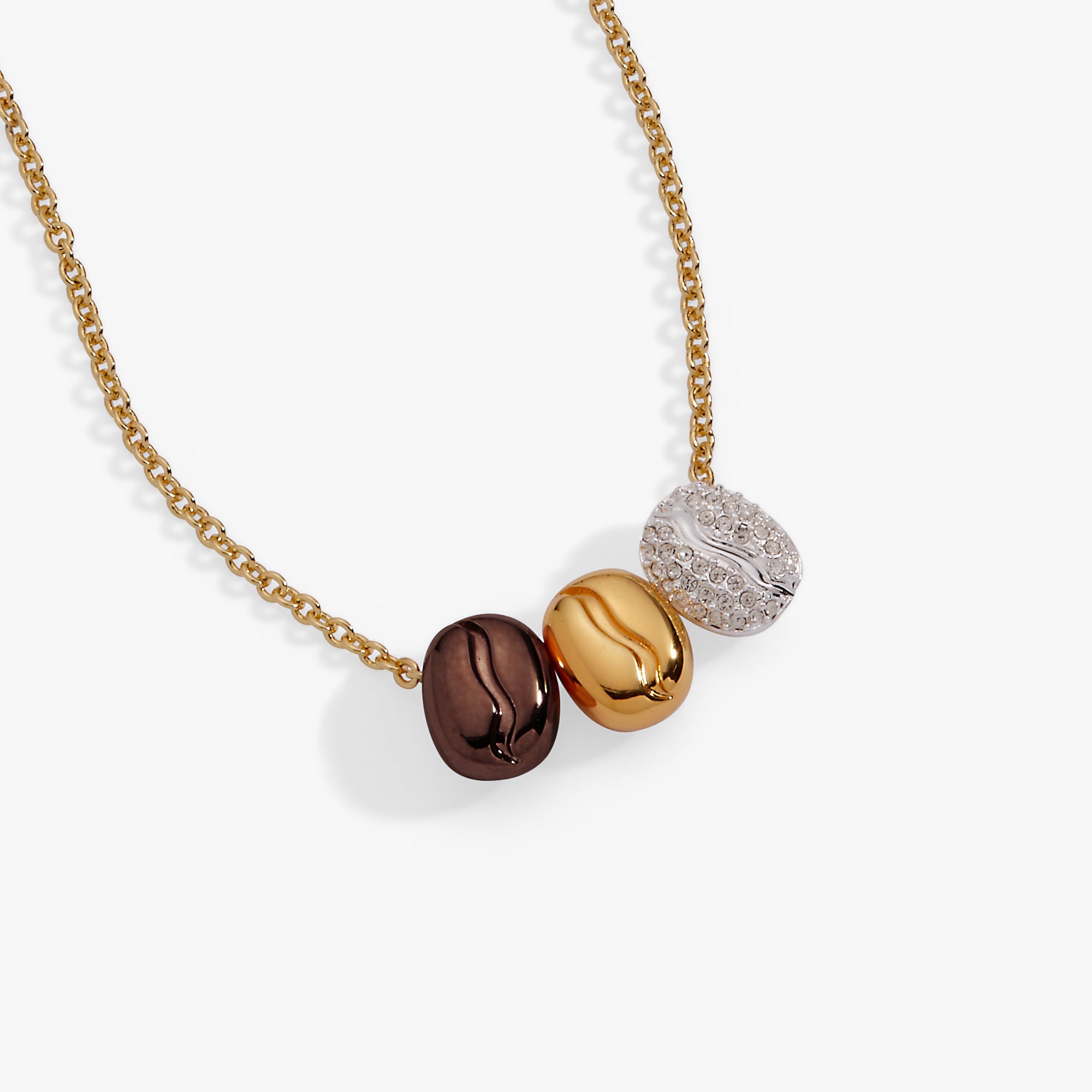 Tri-tone engraved coffee bean pendant necklace by ALEX AND ANI featuring symbols for happiness, wealth, and health.