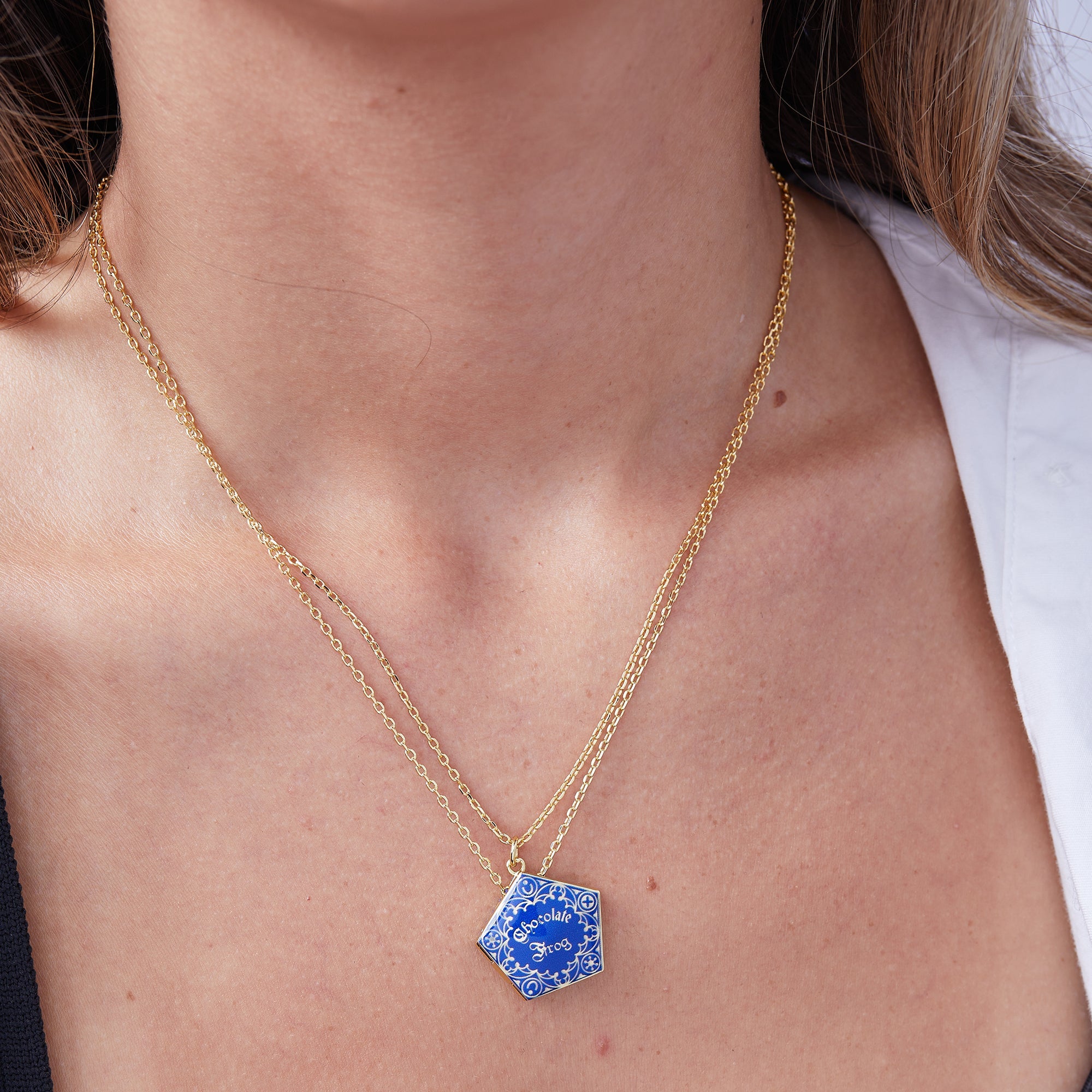Set of two Harry Potter™ Chocolate Frog necklaces by ALEX AND ANI featuring two-tone charms, perfect for Harry Potter fans.