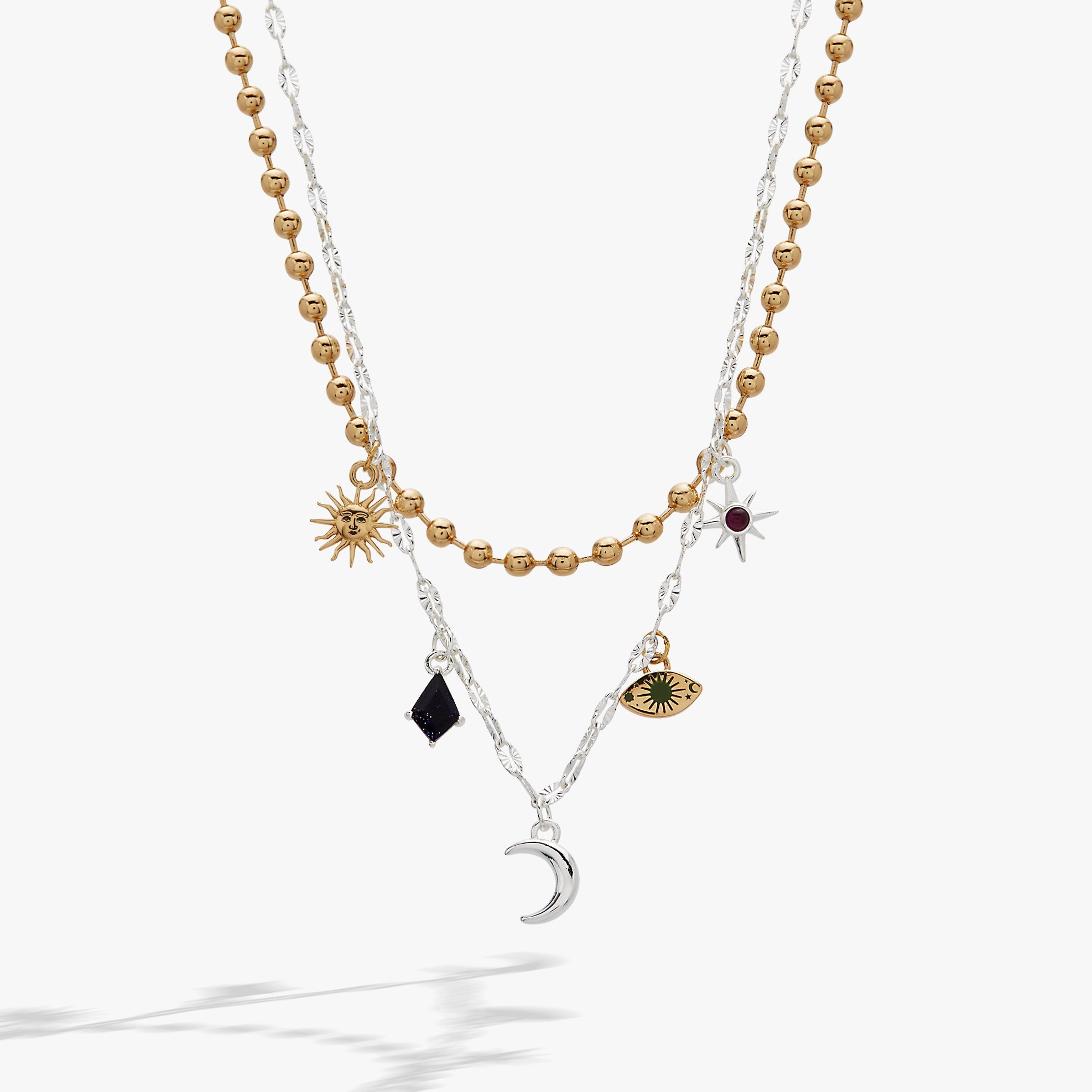 Two-tone Moon Magic 2 Row Charm Necklace by ALEX AND ANI, featuring celestial moon charms on a layered necklace.