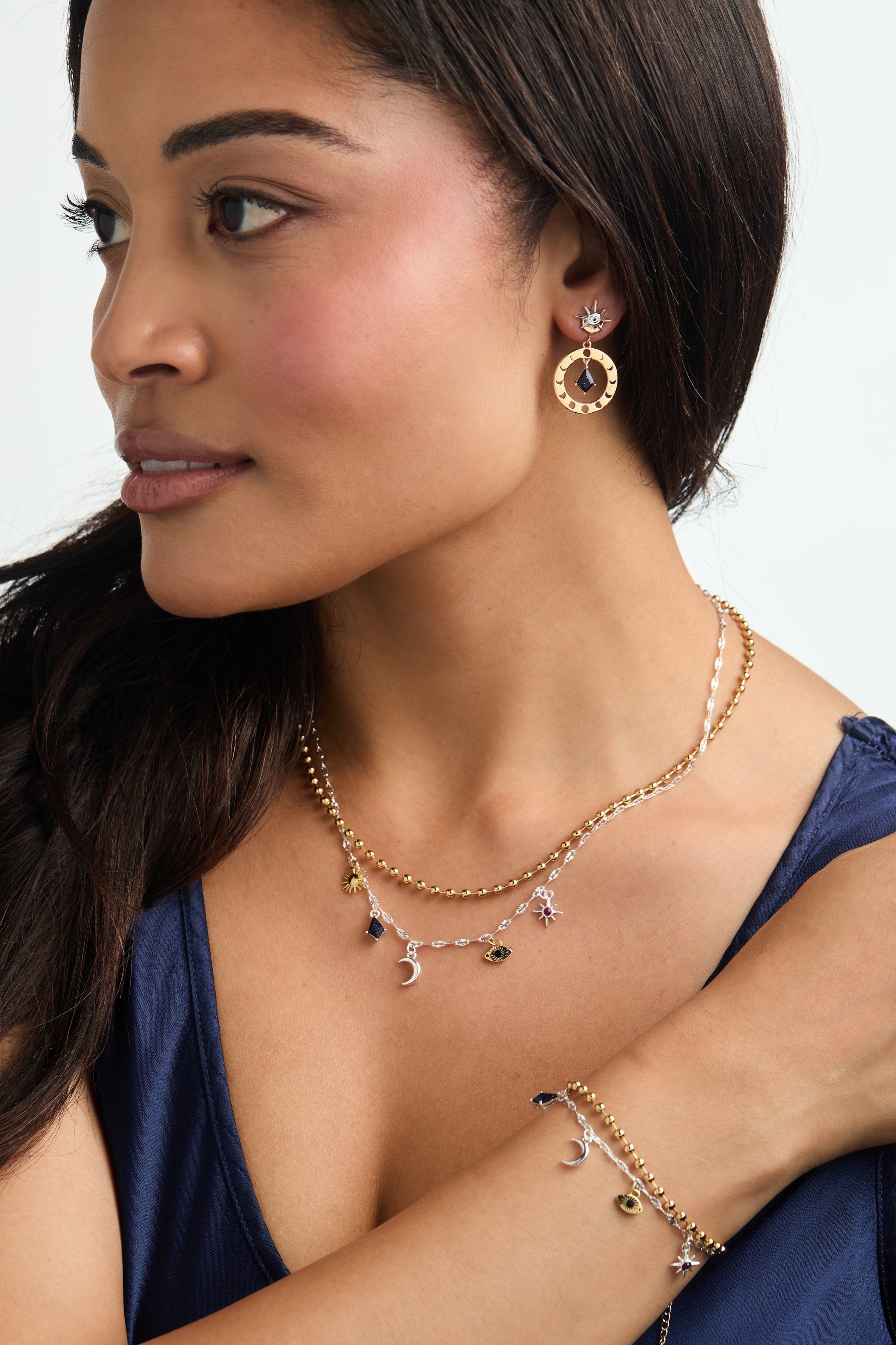 Two-tone Moon Magic 2-Row Charm Necklace by ALEX AND ANI featuring celestial moon charms on a layered chain design.
