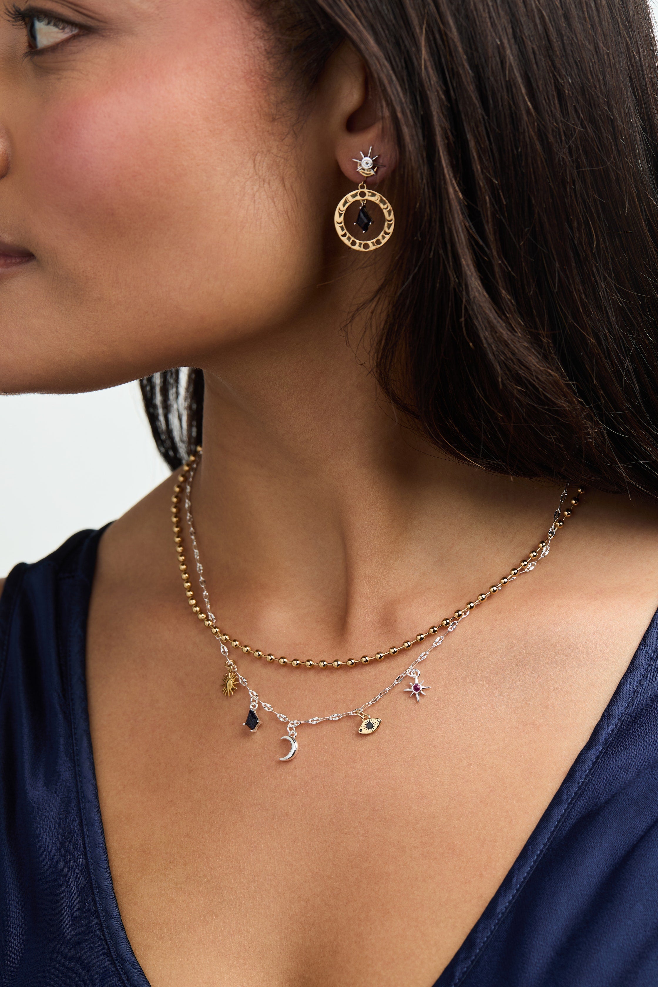 Two-tone Moon Magic 2 Row Charm Necklace by ALEX AND ANI featuring celestial moon charms on a layered chain.