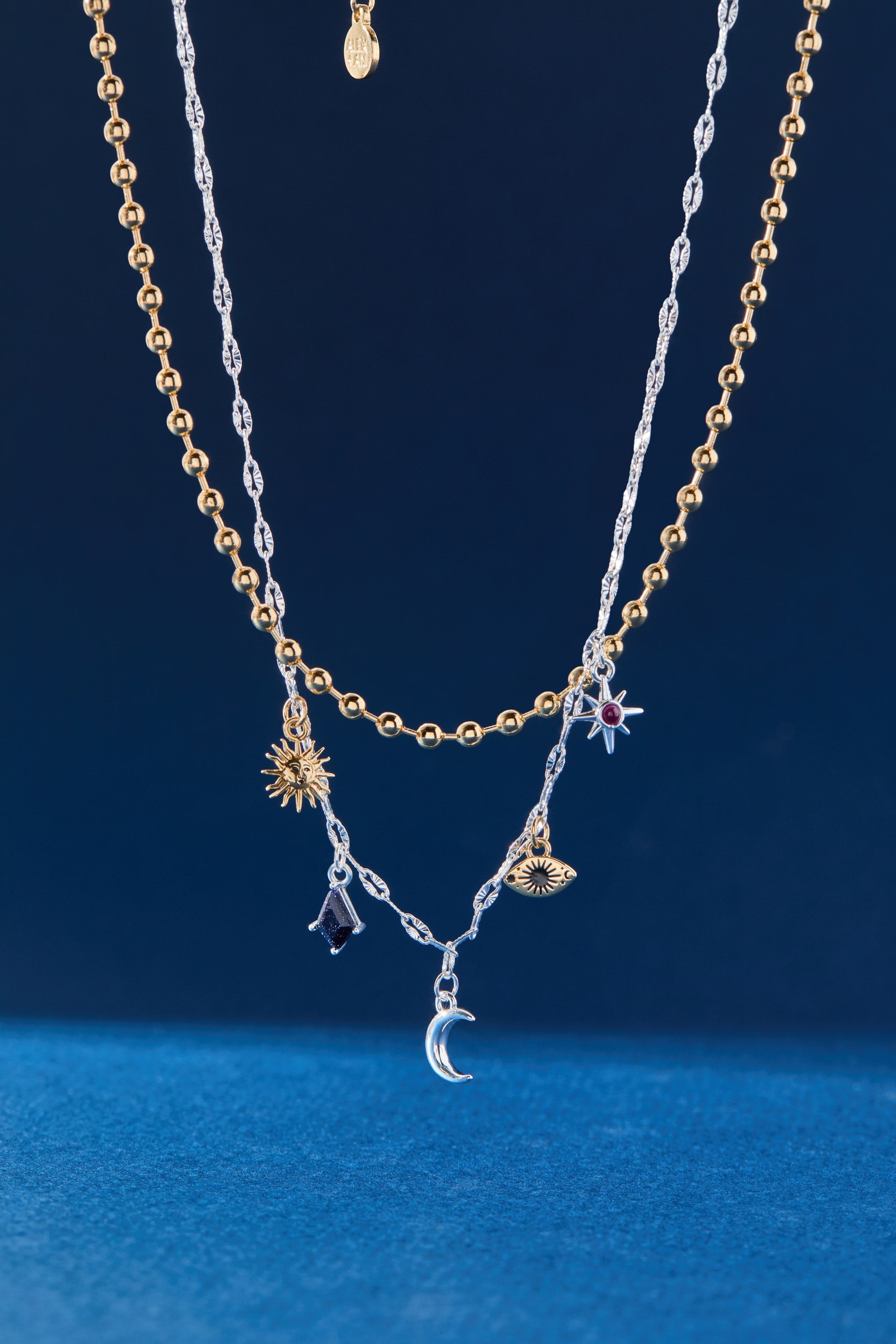 Two-tone Moon Magic 2 Row Charm Necklace by ALEX AND ANI featuring celestial moon charms and layered design.