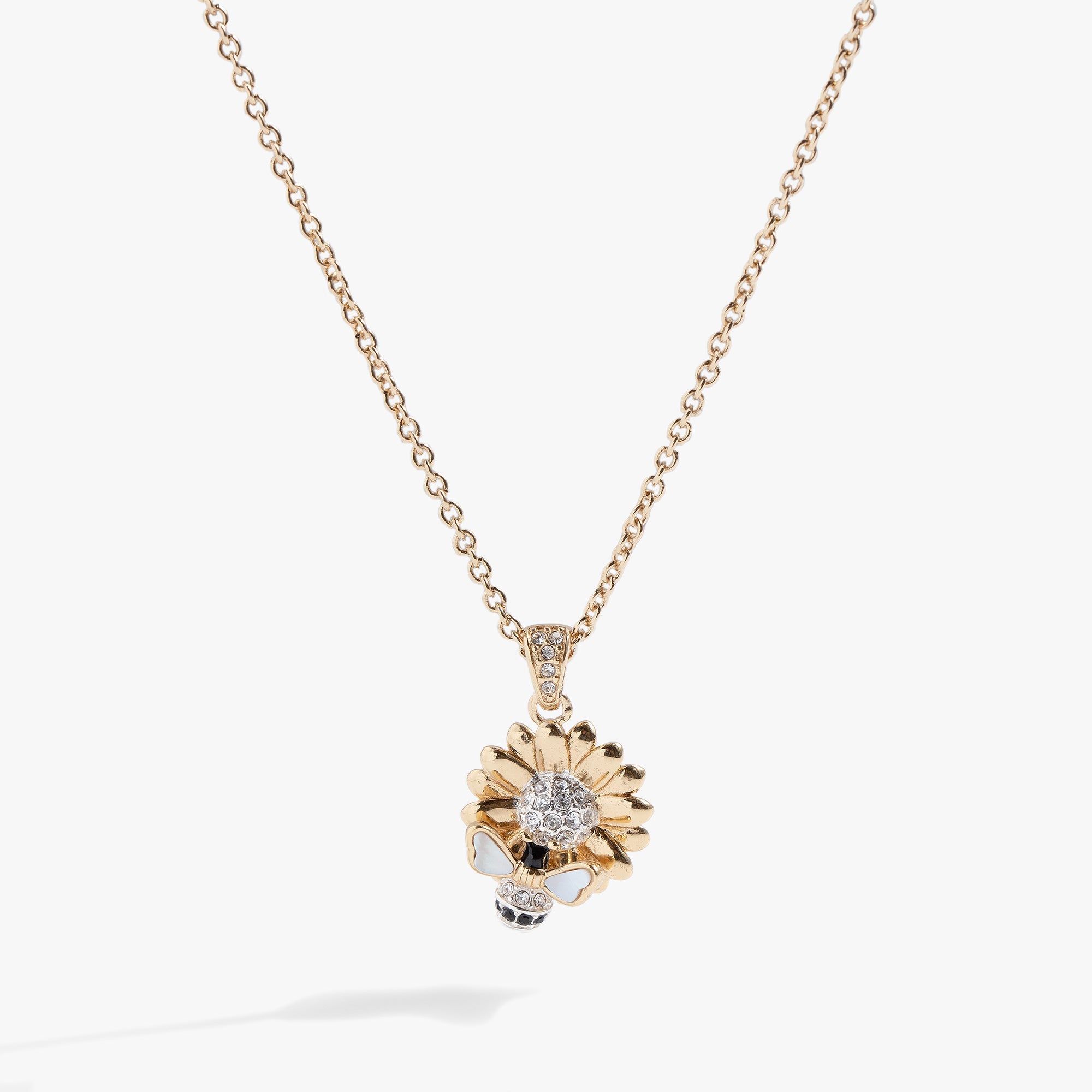 Two-tone sunflower and bee pendant necklace by ALEX AND ANI featuring detailed floral and insect design.