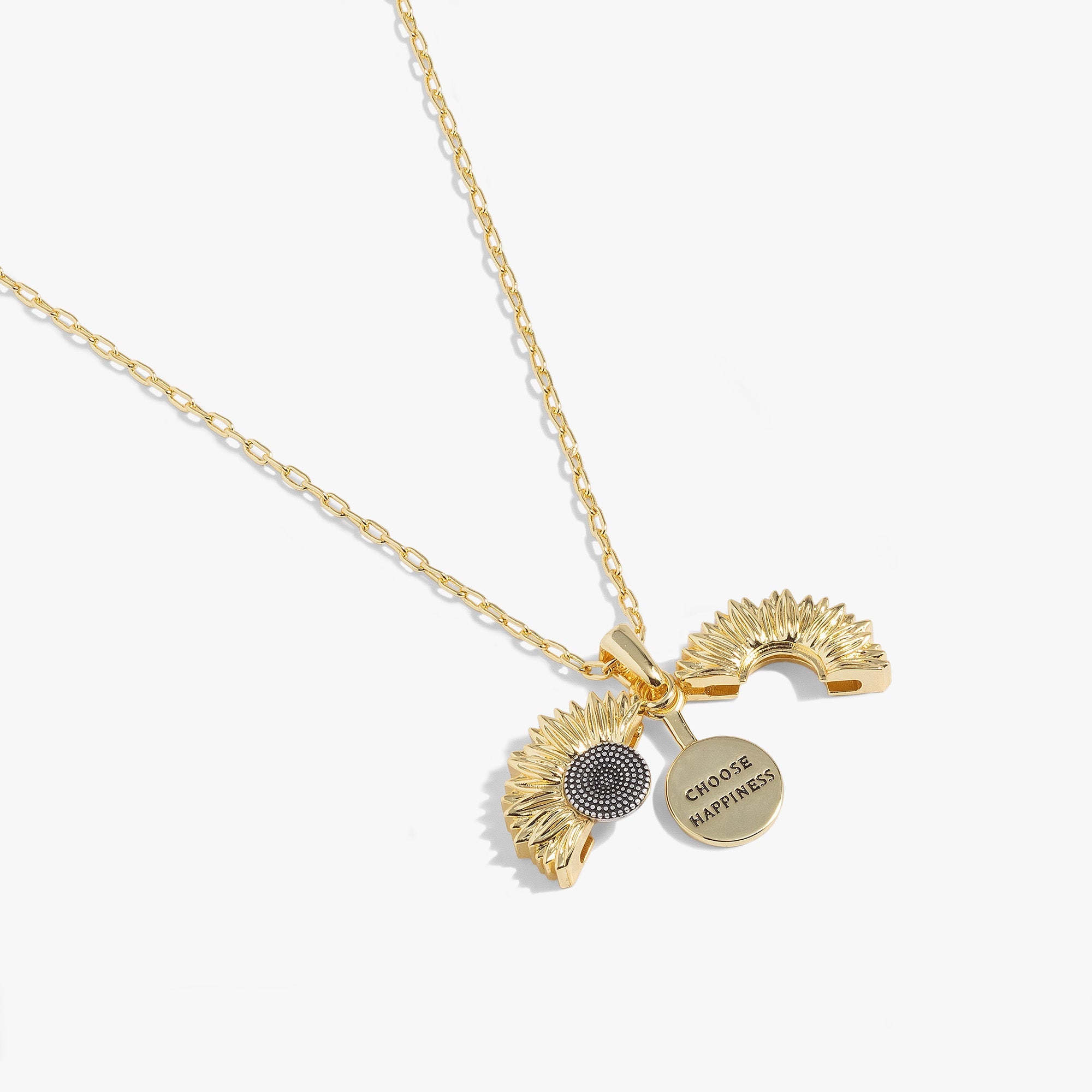 Two-tone sunflower mantra necklace by ALEX AND ANI featuring "Choose Happiness" inscription on a delicate chain.