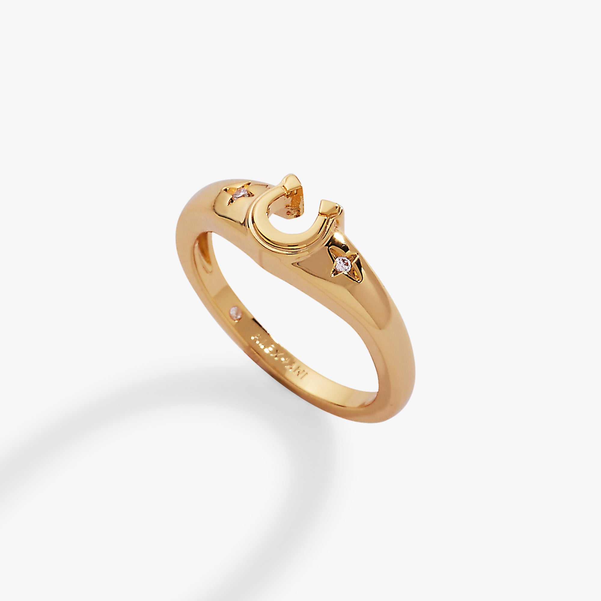 Gold Lucky Horseshoe Ring by ALEX AND ANI featuring a detailed horseshoe design, perfect for adding charm to any jewelry collection.