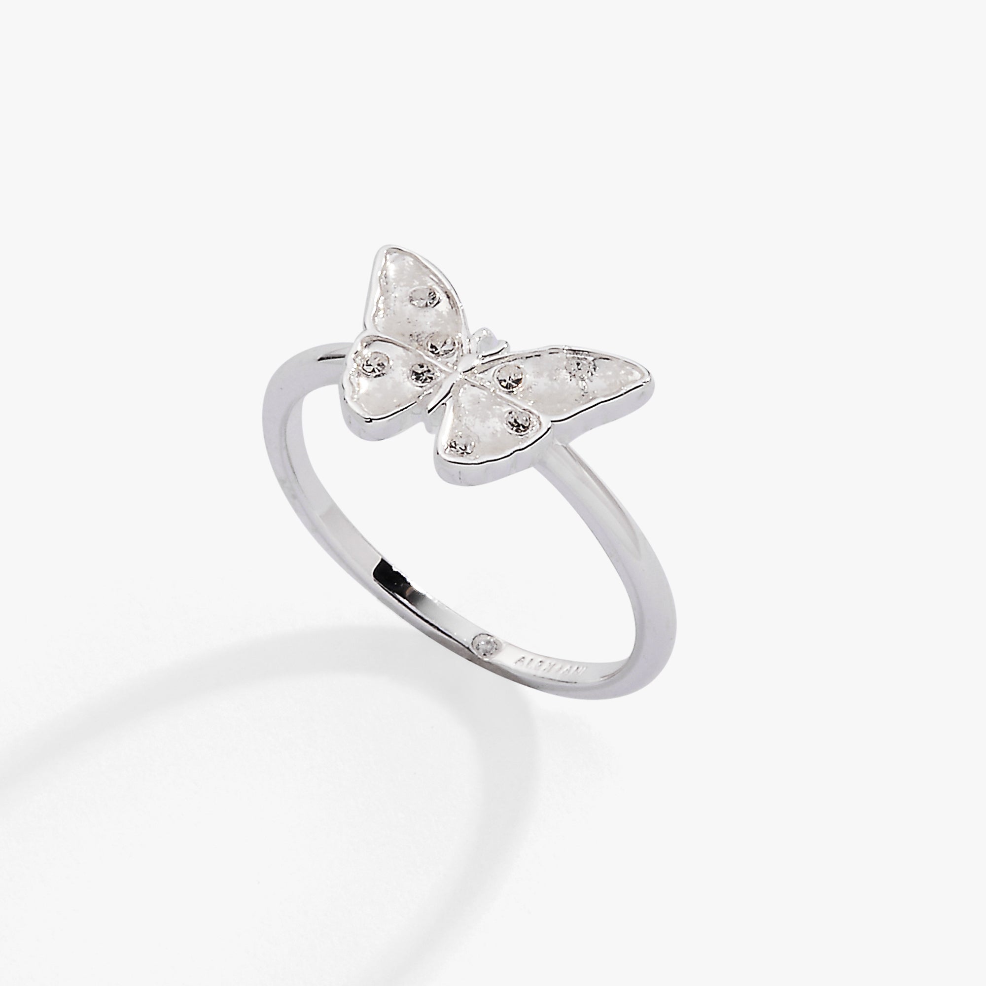 Silver glass butterfly statement ring by ALEX AND ANI featuring a detailed butterfly design in a rings style.