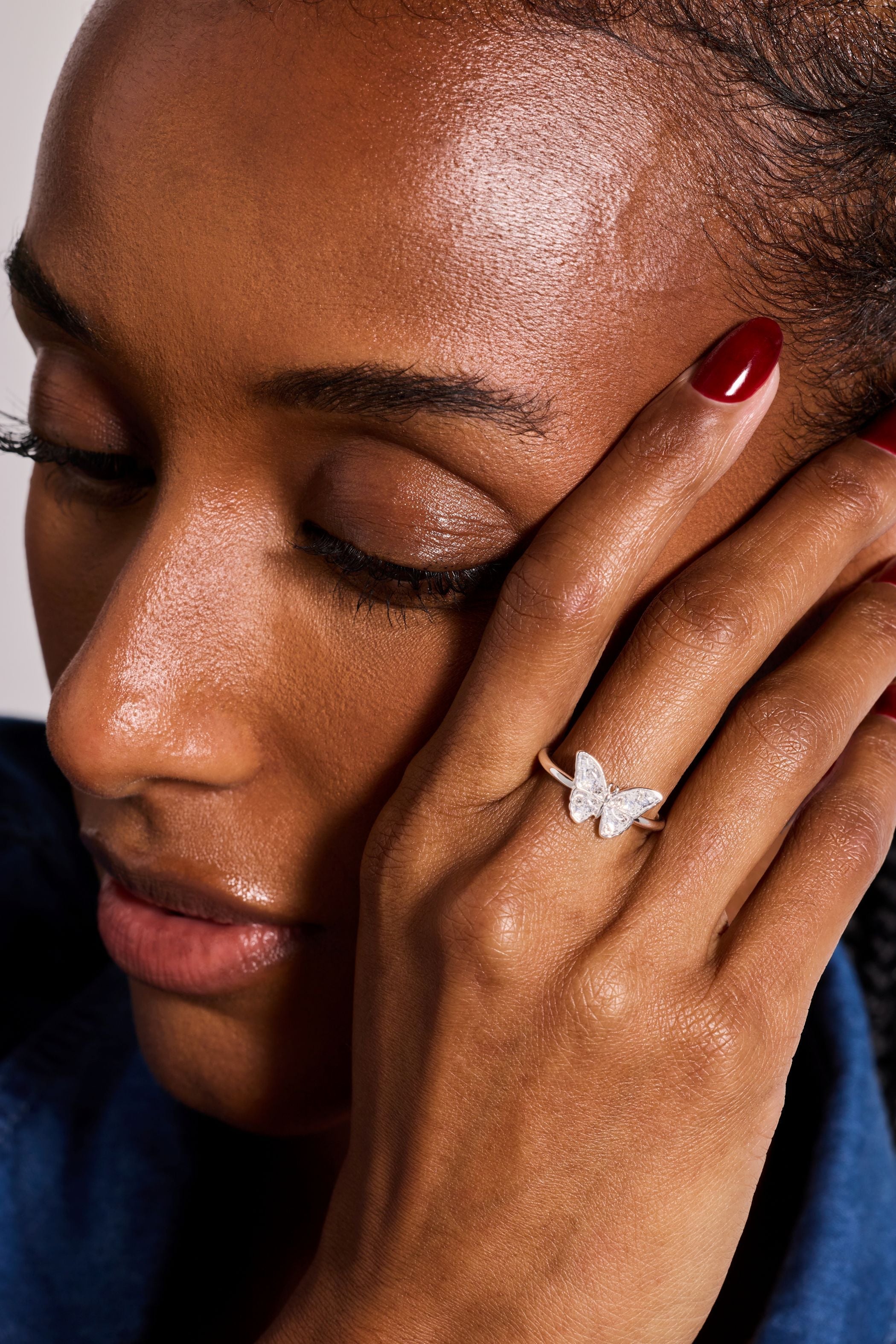 Silver glass butterfly statement ring by ALEX AND ANI featuring a detailed butterfly design on a sleek band.