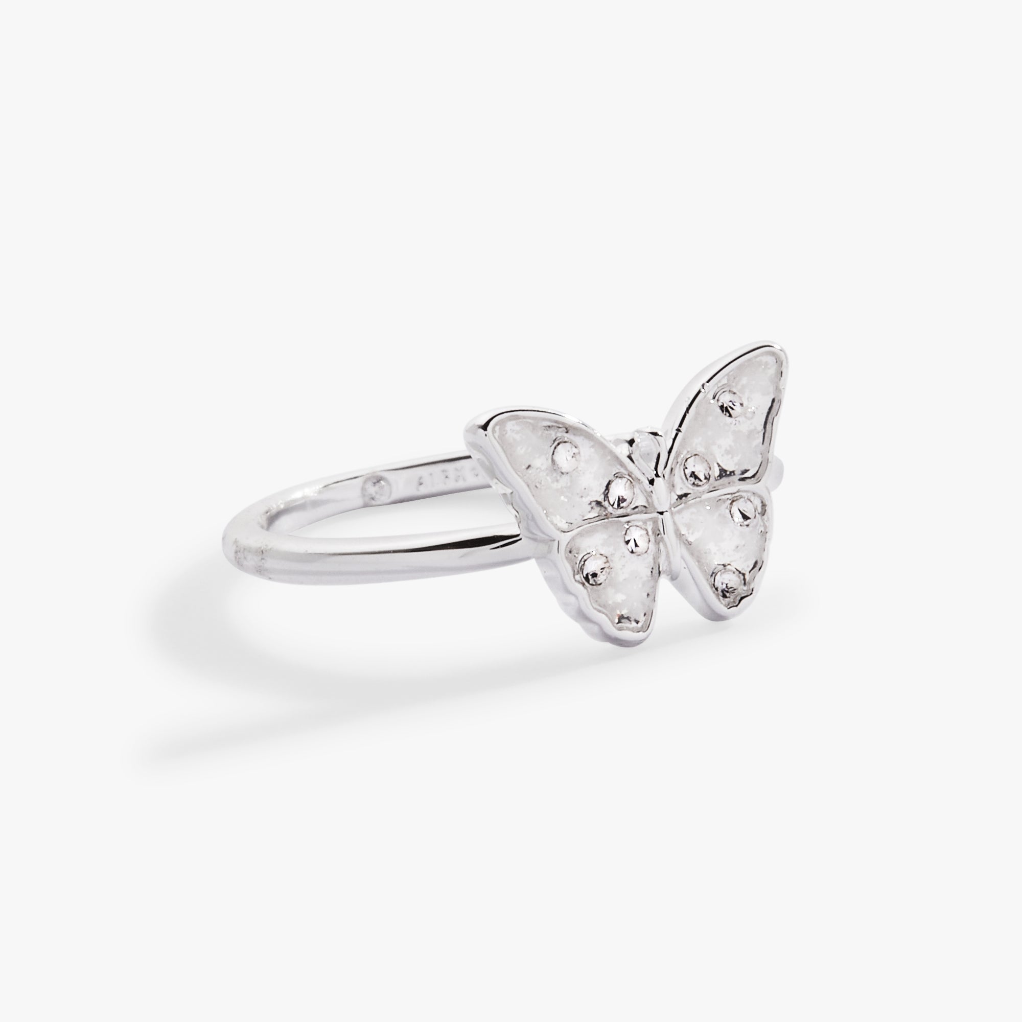 Silver glass butterfly statement ring by ALEX AND ANI featuring a detailed butterfly design on a sleek band.