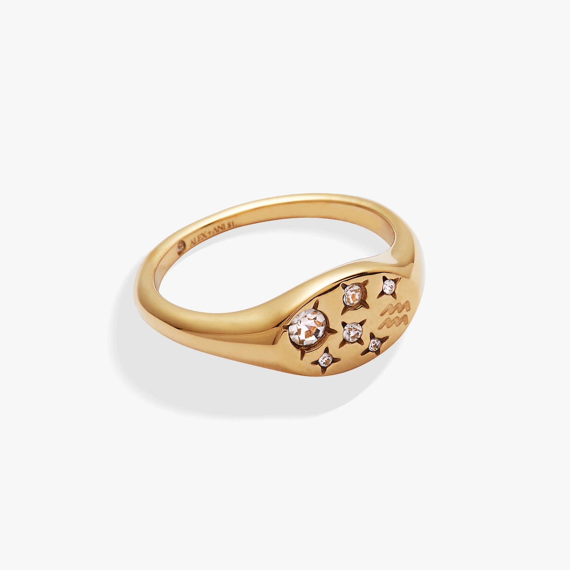 Gold stainless steel Aquarius Zodiac Ring by ALEX AND ANI featuring the Aquarius symbol engraved on a sleek band.