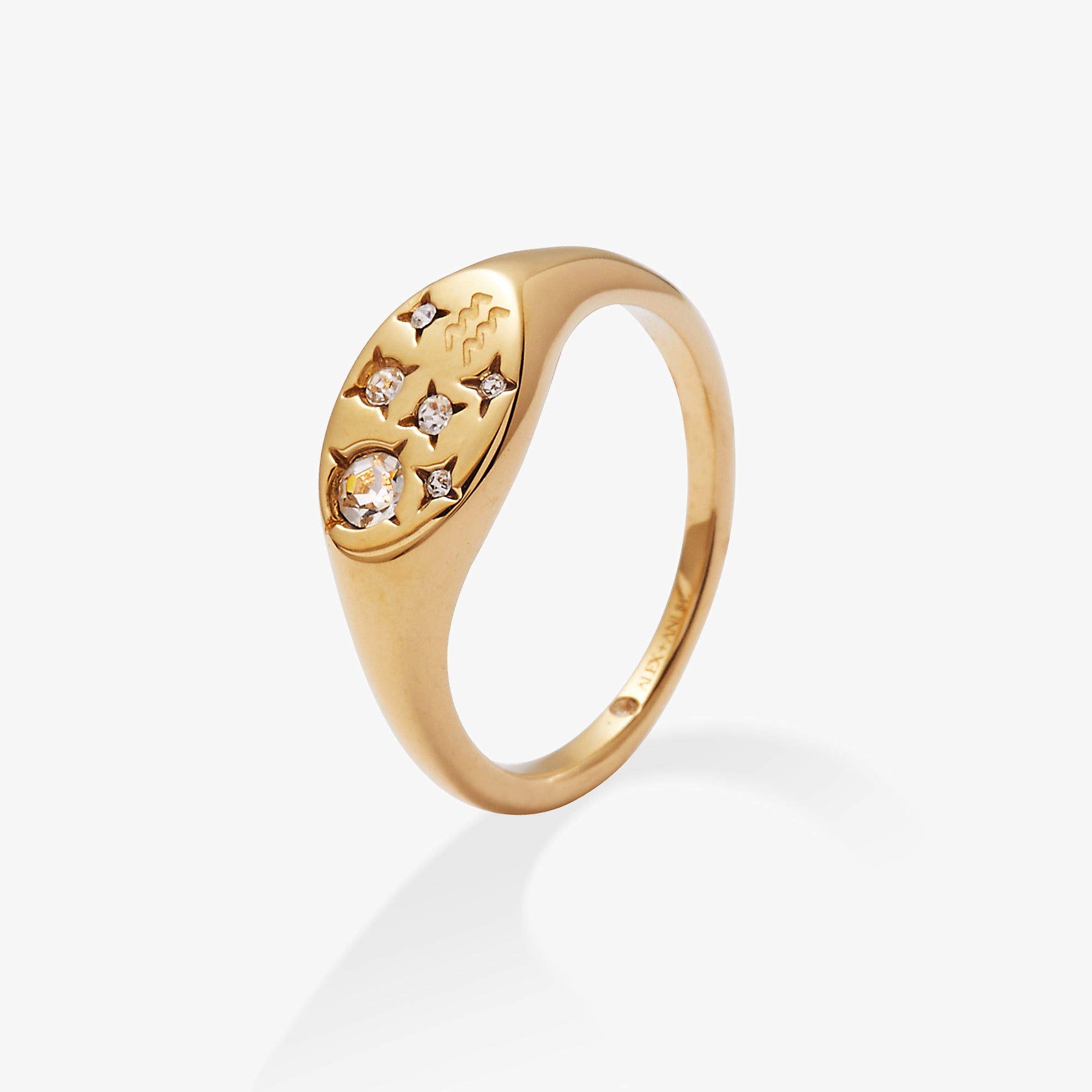 Gold stainless steel Aquarius Zodiac Ring by ALEX AND ANI featuring a detailed Aquarius symbol and celestial design.