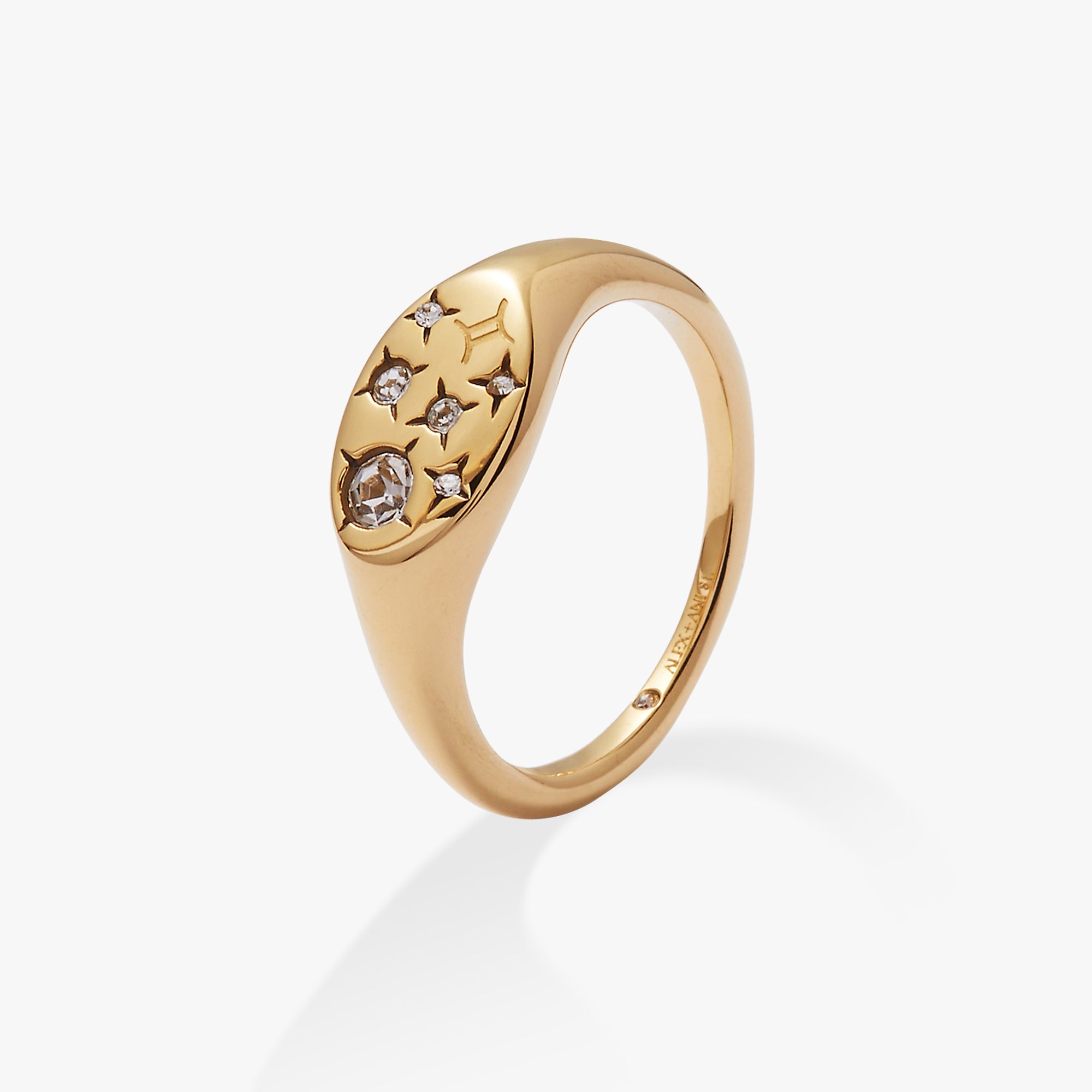 Gold stainless steel Gemini Zodiac ring by ALEX AND ANI with engraved zodiac symbol and sleek band design.