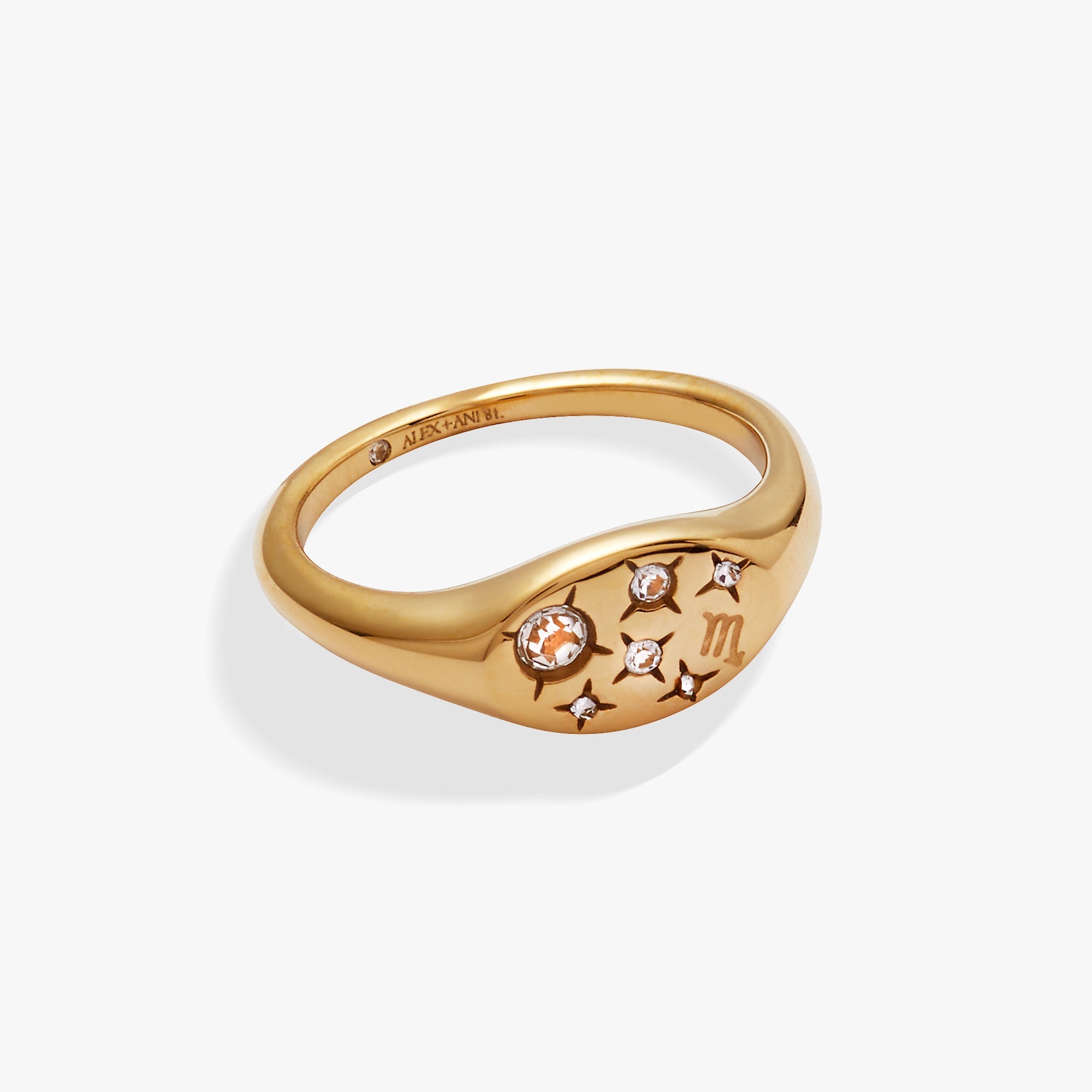 Gold stainless steel Scorpio Zodiac Ring by ALEX AND ANI featuring a detailed Scorpio symbol design.