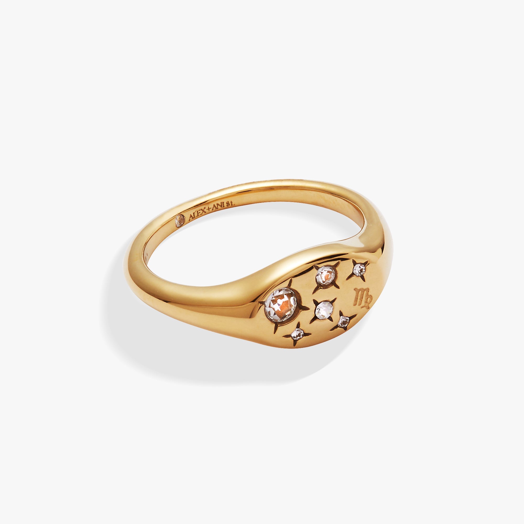 Gold Virgo Zodiac ring by ALEX AND ANI featuring a stainless steel band with Virgo symbol engraving.
