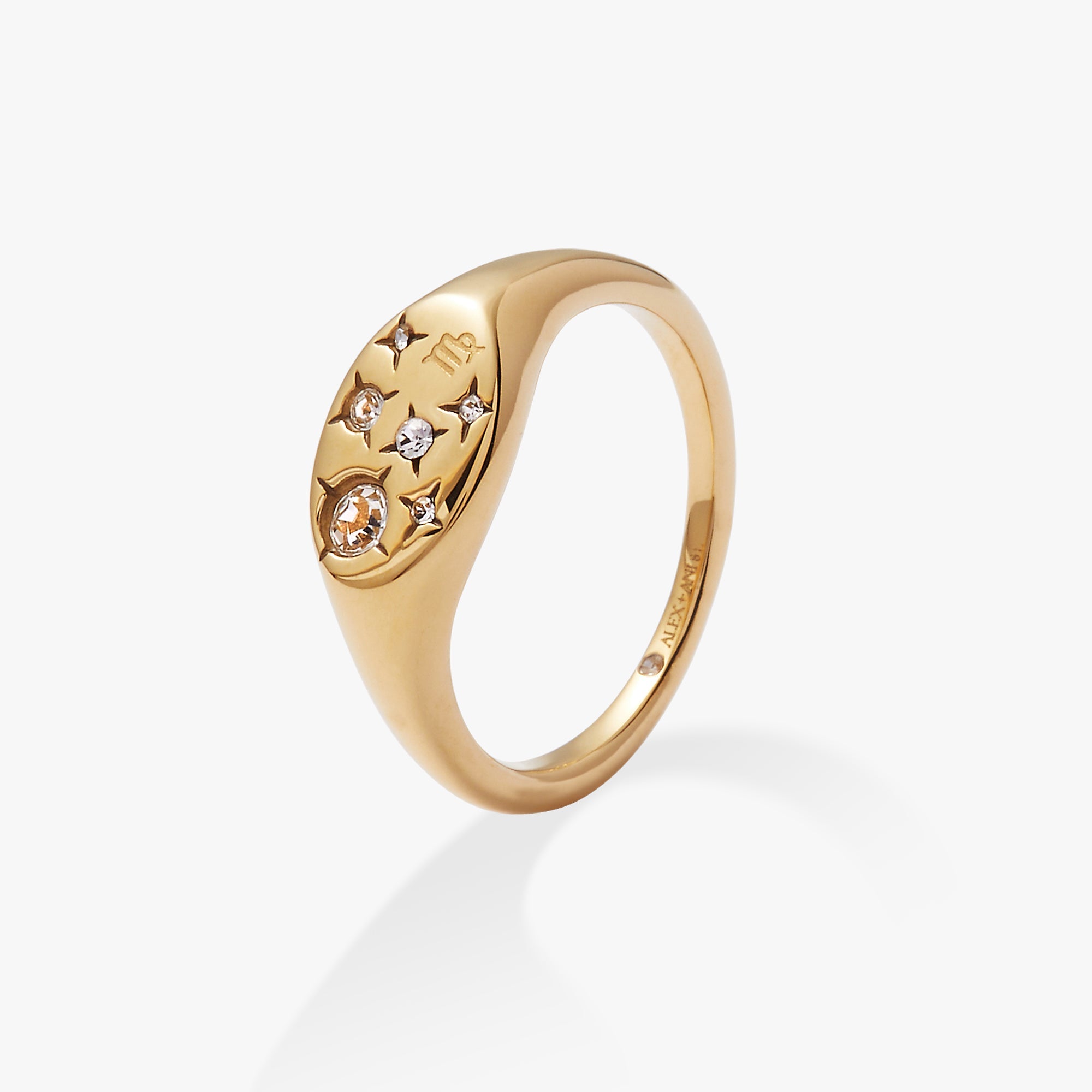 Gold Virgo Zodiac ring by ALEX AND ANI featuring stainless steel band with Virgo symbol engraving.
