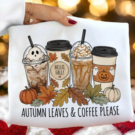 Autumn Leaves & Coffee Please graphic tee by Anchored Grace Boutique featuring fall leaves and coffee cup design on soft fabric