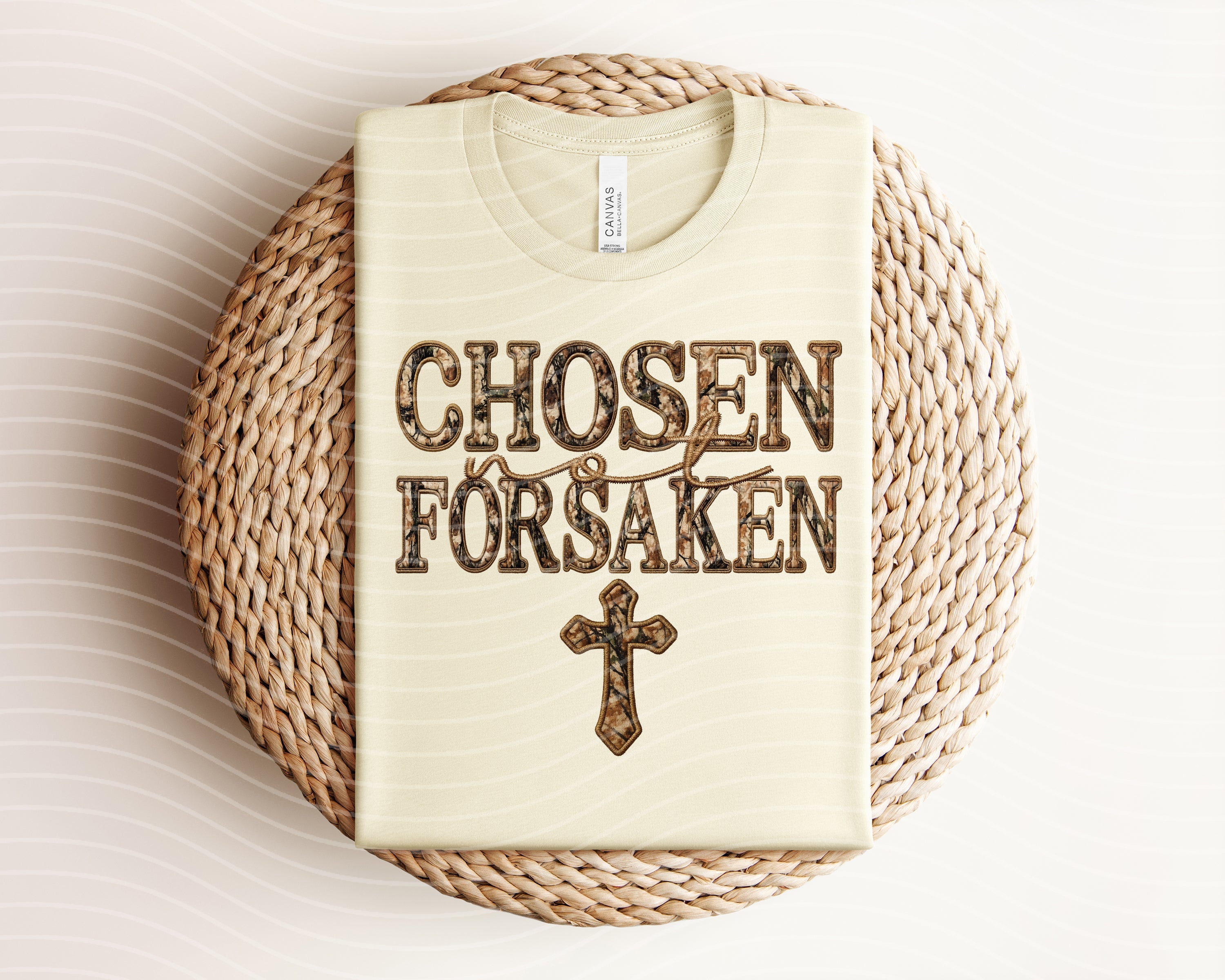 Black graphic tee by Anchored Grace Boutique featuring the "Chosen Not Forsaken" design with bold white text.