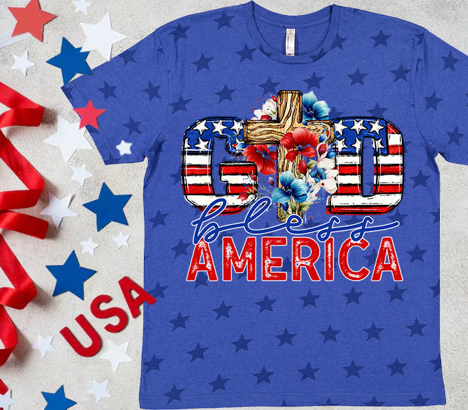 Anchored Grace Boutique God Bless America graphic tee with patriotic design, featuring stars and flag elements on soft cotton fabric.