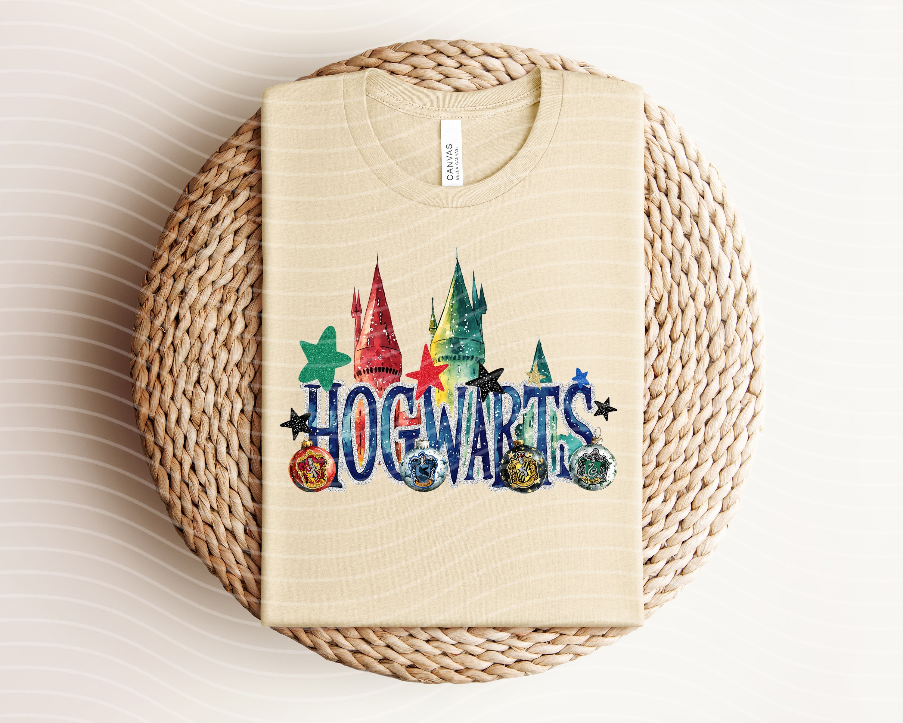Hogwarts Christmas graphic tee by Anchored Grace Boutique featuring festive Harry Potter-themed design on a casual tee shirt.