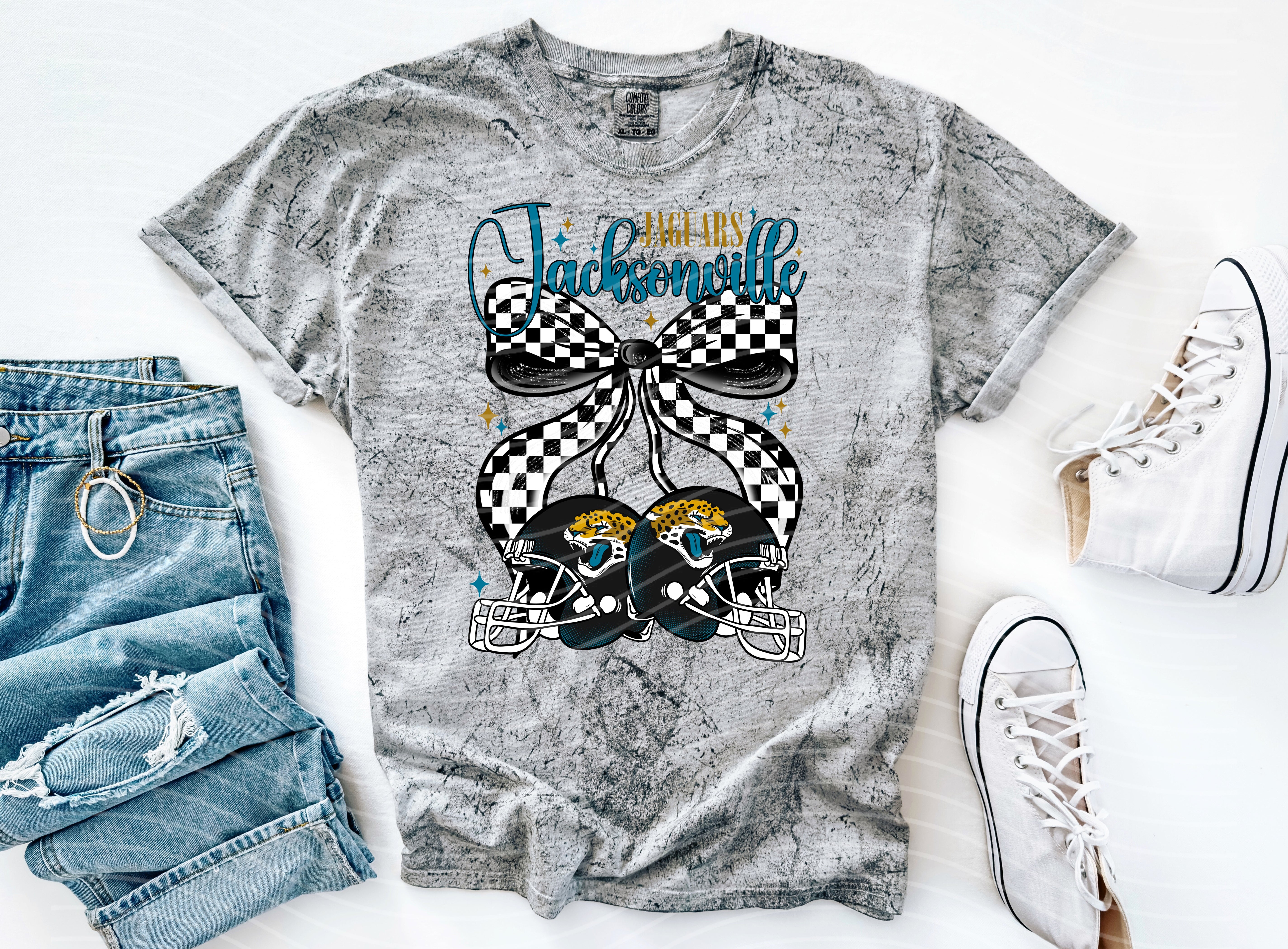 Jaguars Cherries graphic tee from Anchored Grace Boutique featuring a vibrant cherry and jaguar design on a casual cotton t-shirt.