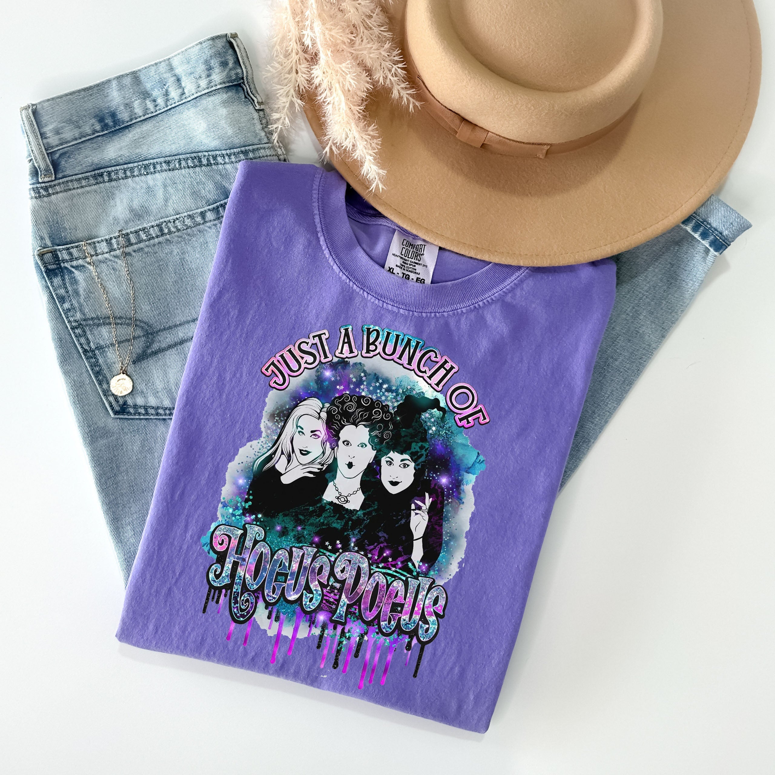 Anchored Grace Boutique graphic tee featuring "Just a Bunch of Hocus Pocus" design, casual t-shirt for fans of witchy style.