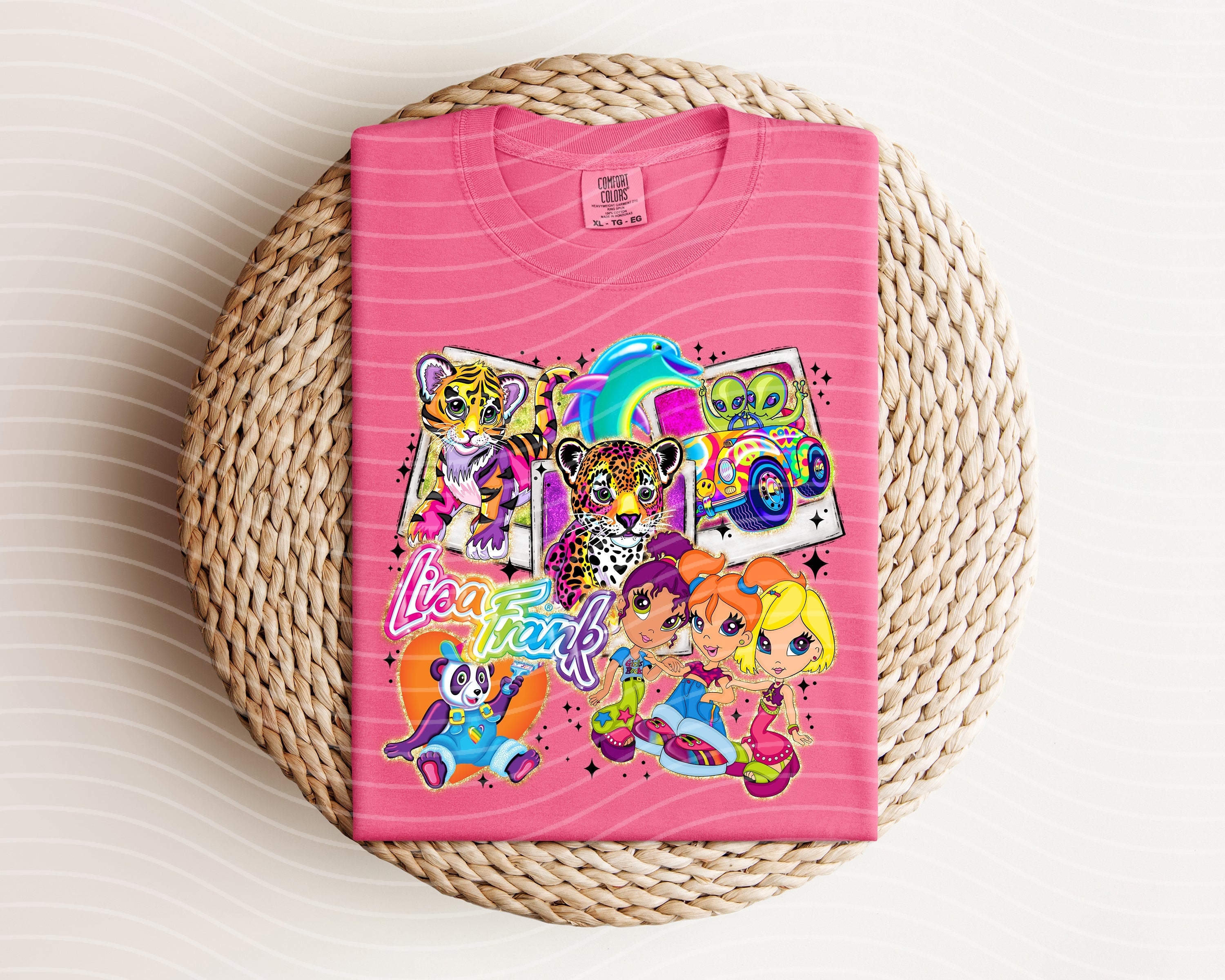 Anchored Grace Boutique Lisa Frank graphic tee featuring colorful cartoon unicorn and rainbow design on soft cotton fabric.