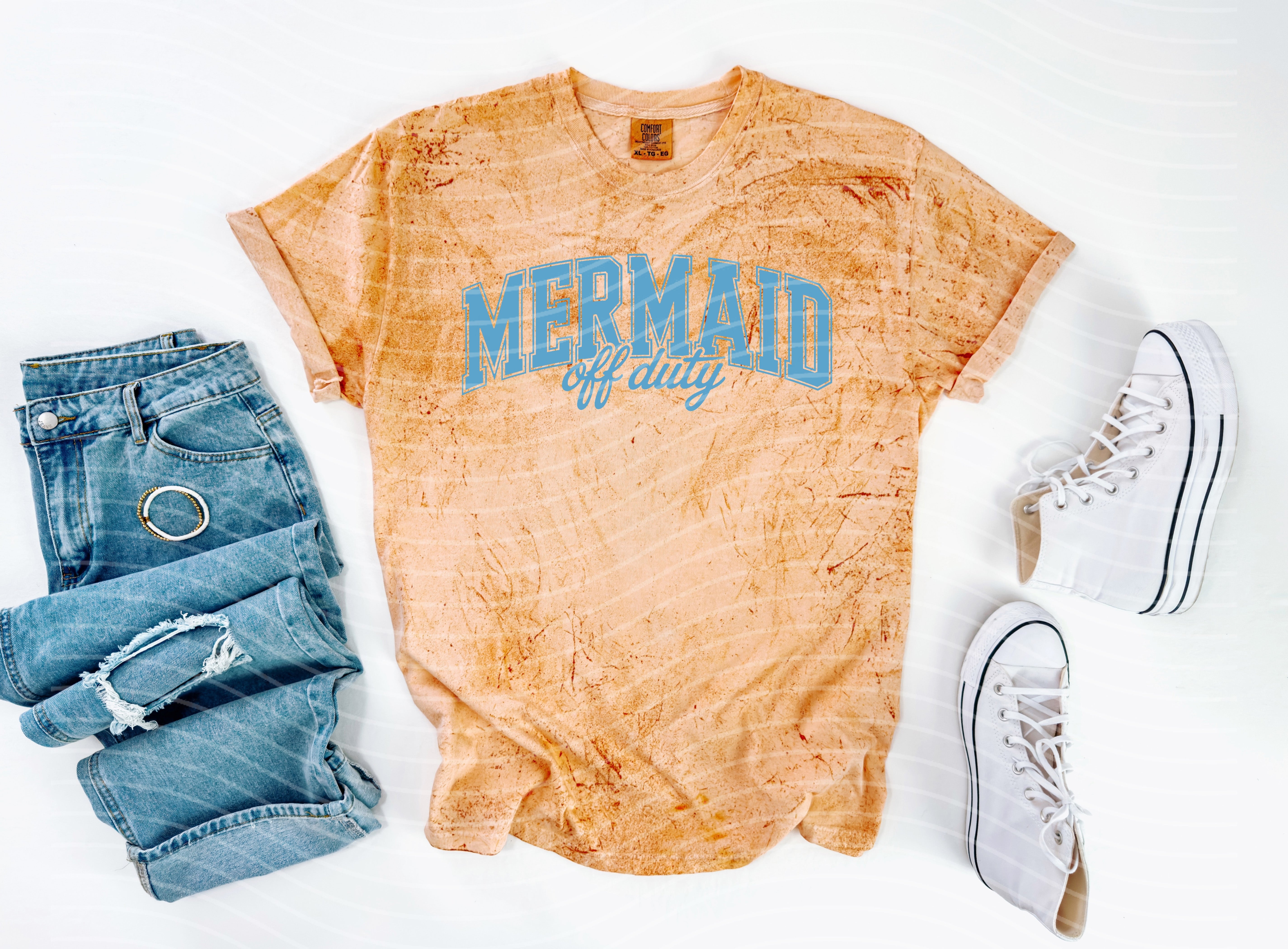 Blue Mermaid Off Duty graphic tee by Anchored Grace Boutique, featuring a colorful mermaid design on soft cotton fabric.