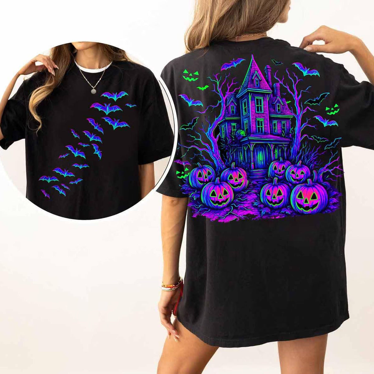 Neon bats haunted house graphic tee by Anchored Grace Boutique, featuring spooky bat and haunted house design on a black cotton tee.