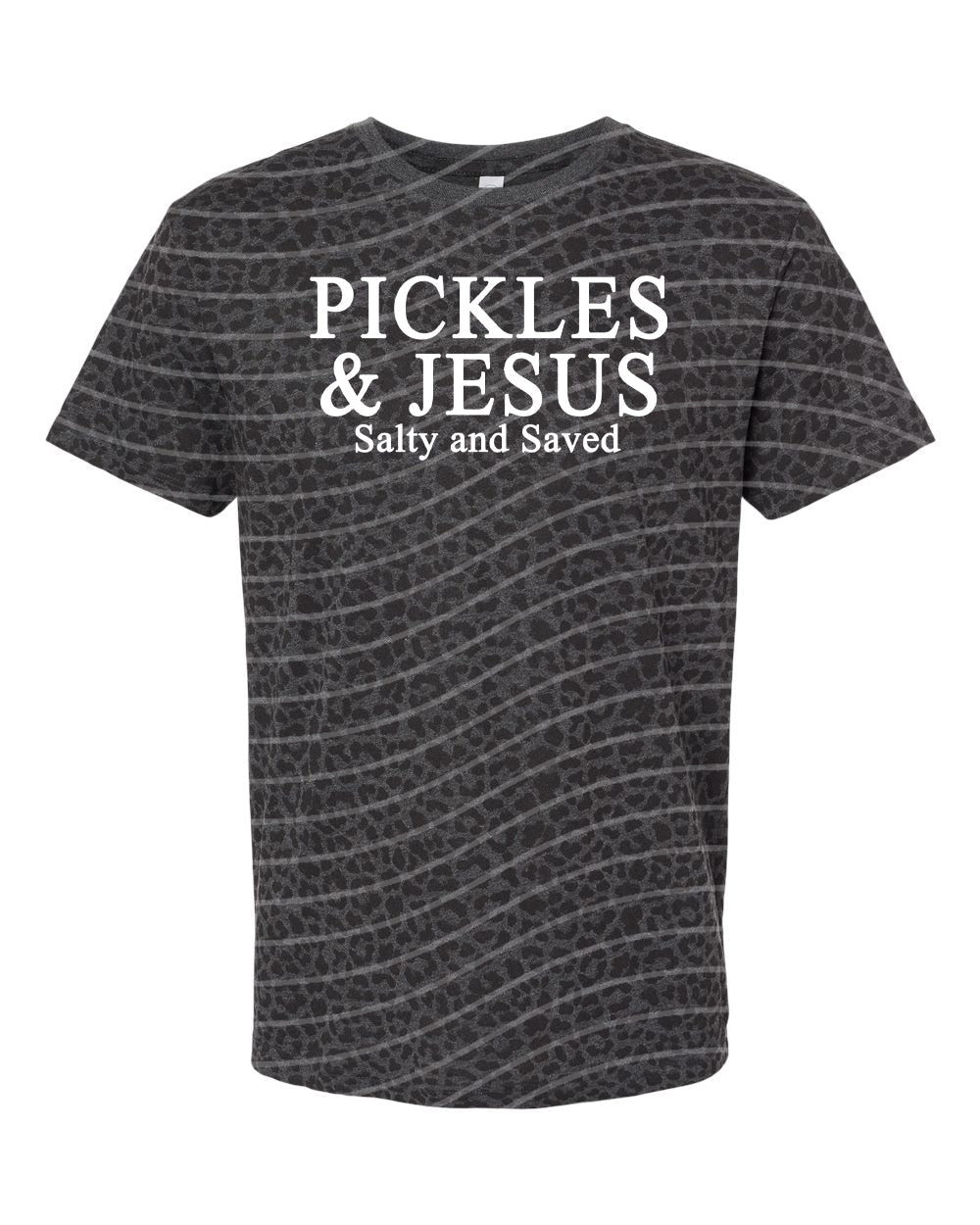 Graphic tee from Anchored Grace Boutique featuring a playful pickles and Jesus design on a comfortable cotton fabric.
