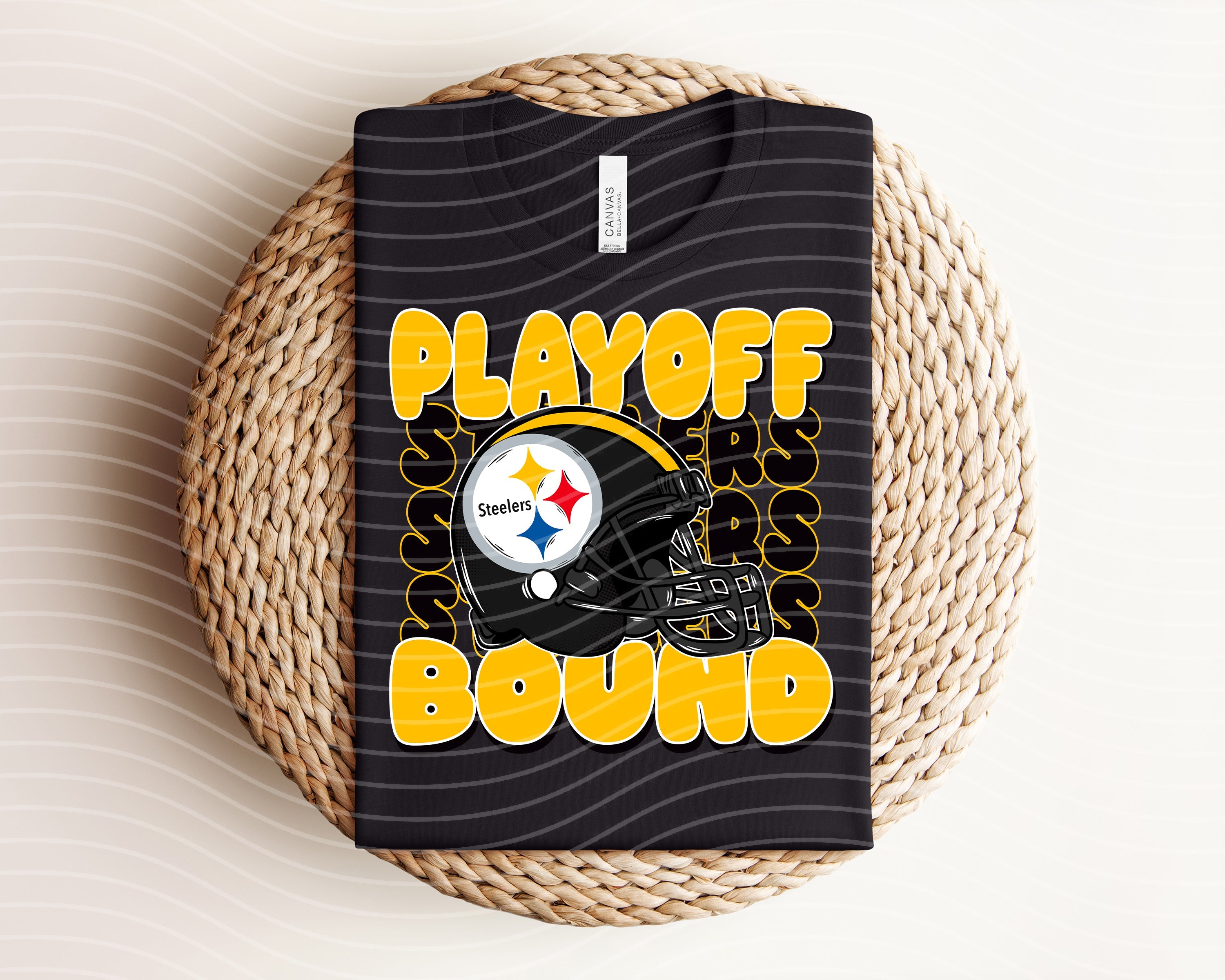 Steelers playoff bound graphic tee by Anchored Grace Boutique featuring bold team logo and vibrant colors on soft cotton fabric.