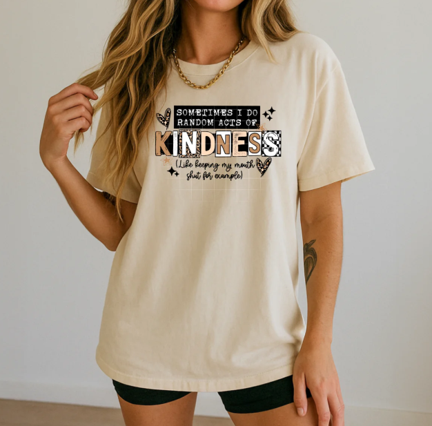 Black graphic tee with white text reading "Sometimes I Do Random Acts of Kindness" from Anchored Grace Boutique.