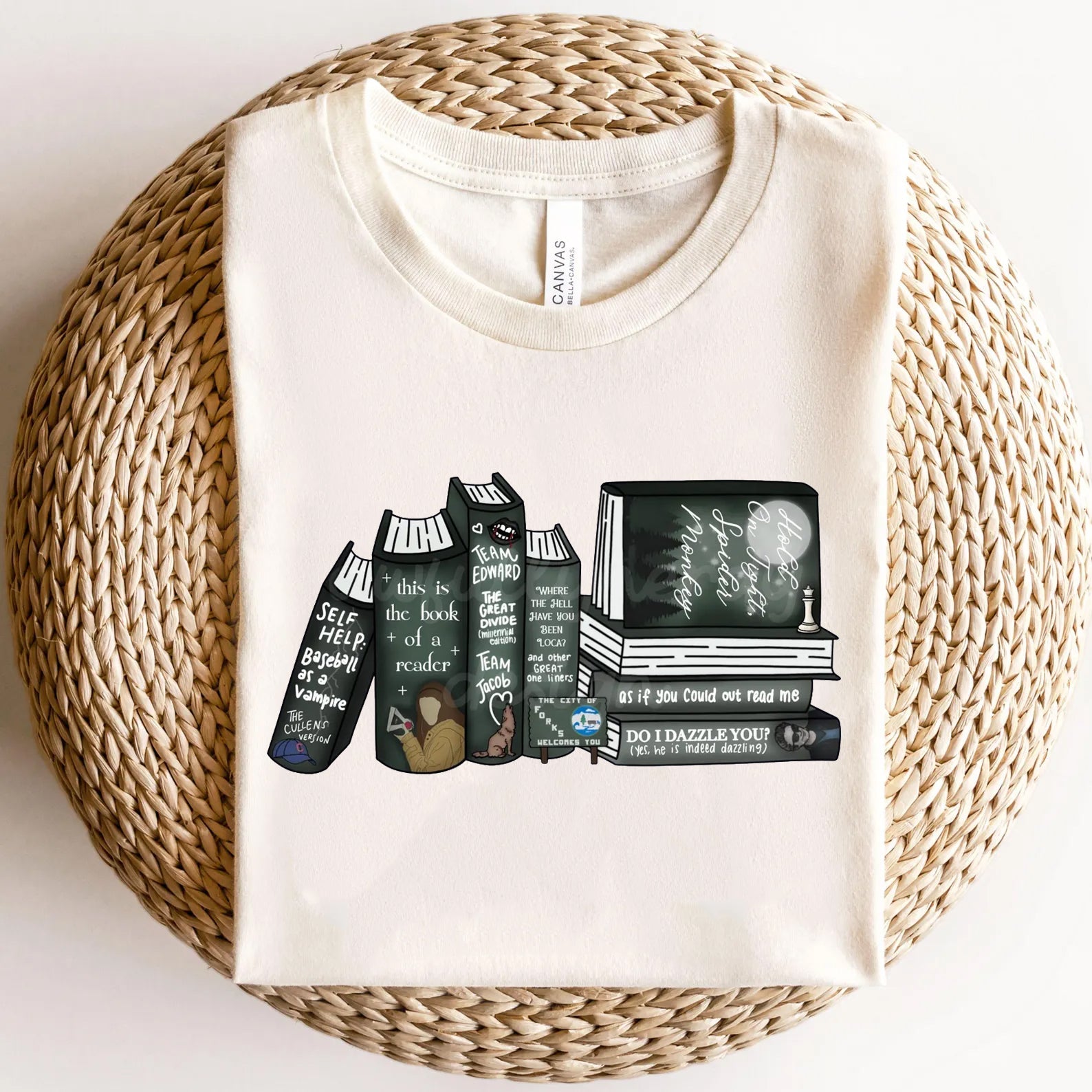 Twilight Books graphic tee by Anchored Grace Boutique, featuring a dark-themed design with book-related artwork on a black cotton t-shirt.