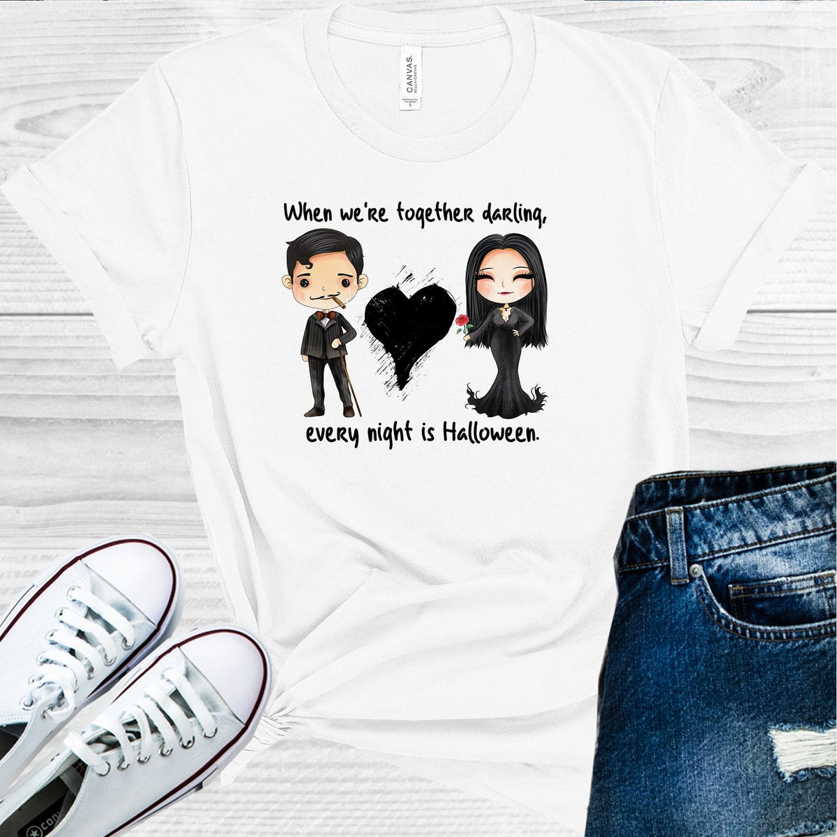 Black Halloween graphic tee by Anchored Grace Boutique featuring "When We're Together Darling Every Night is Halloween" design.