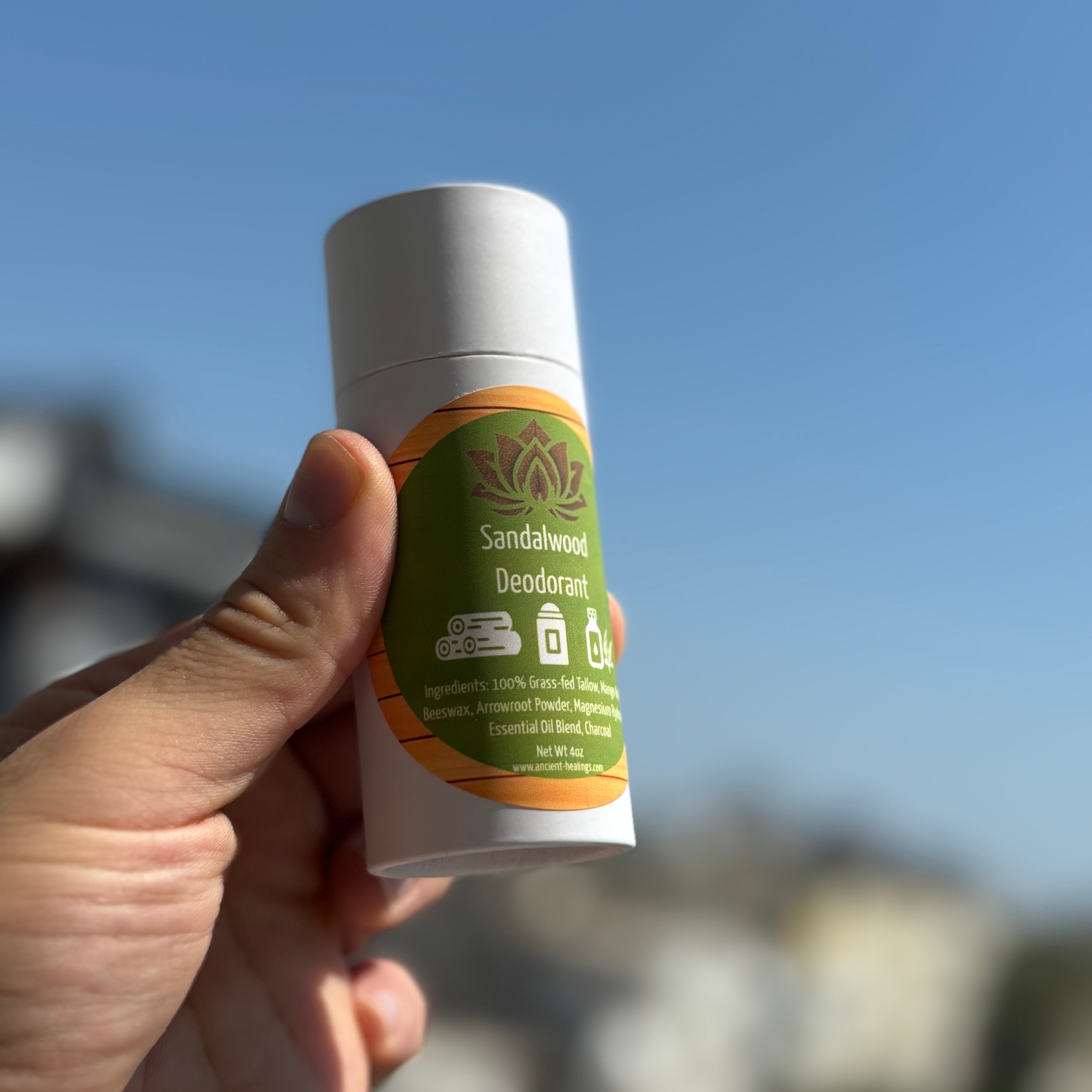 Lavender-scented Tallow Deodorant by Ancient Health & Healings, featuring a fresh and feminine natural deodorant stick.