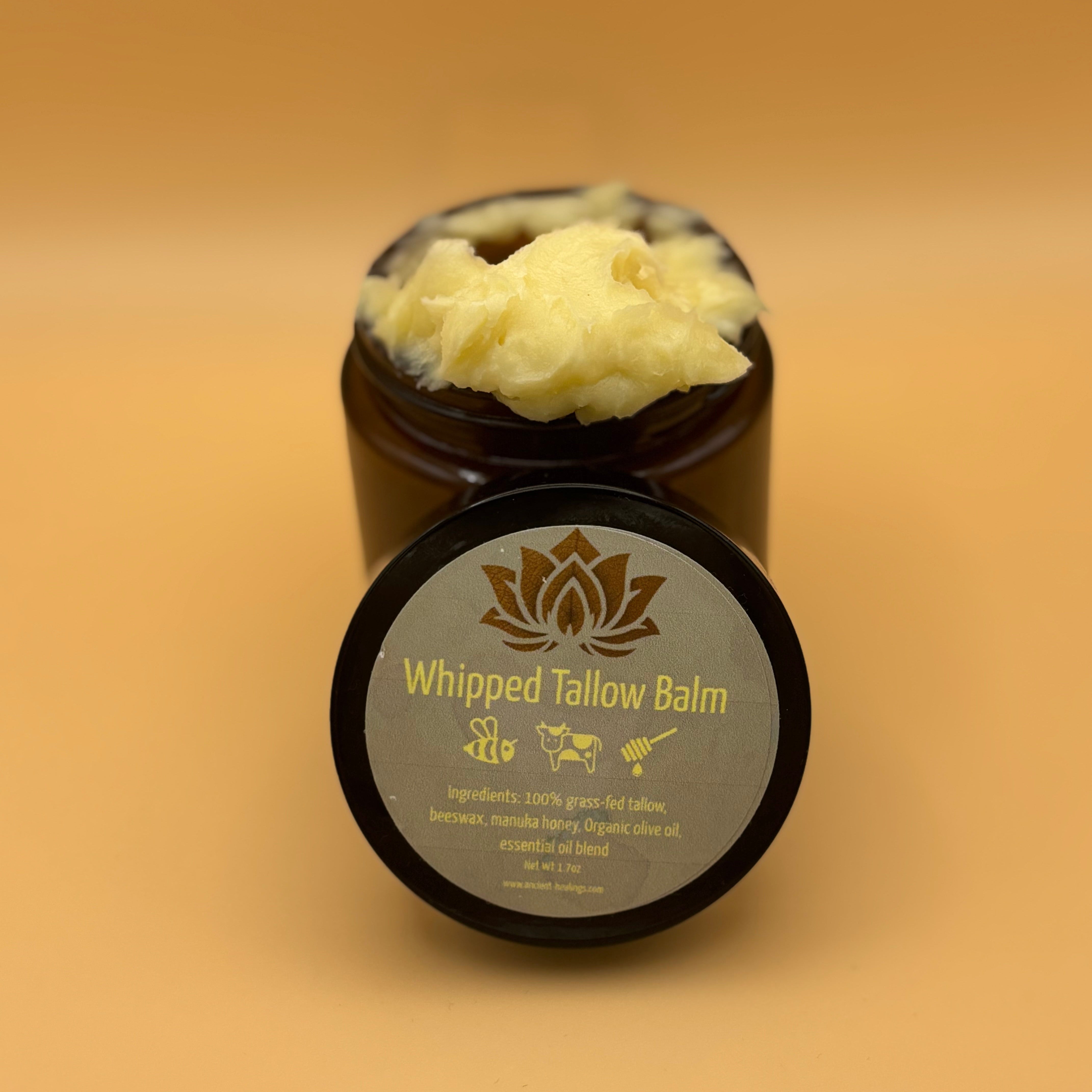 Whipped Tallow Balm by Ancient Health & Healings, a natural skin care product in a 7oz jar, with smooth, creamy texture.