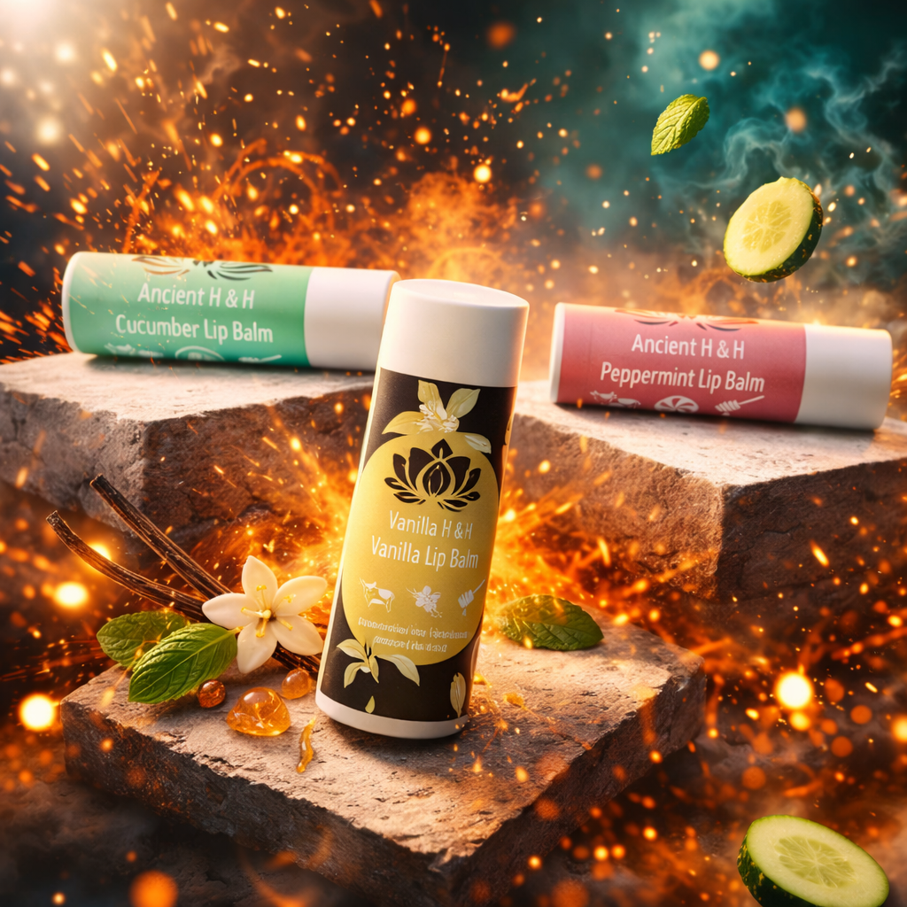 Ancient Health & Healings Tallow Lip Balm in cucumber flavor, natural skin care product, three-pack for nourishing lips.