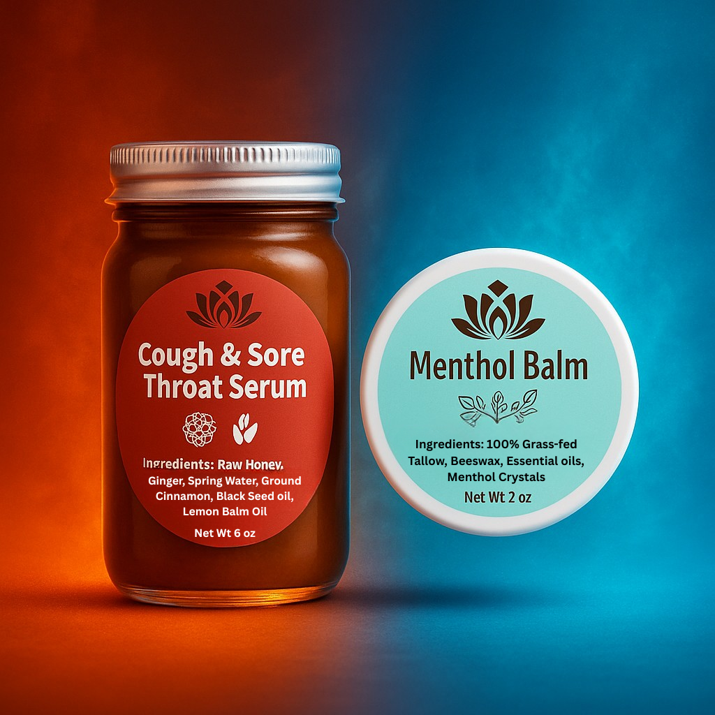Ancient Health & Healings Winter Support Skin Care Bundle with 2oz balm and serum for nourishing and protecting skin in winter.