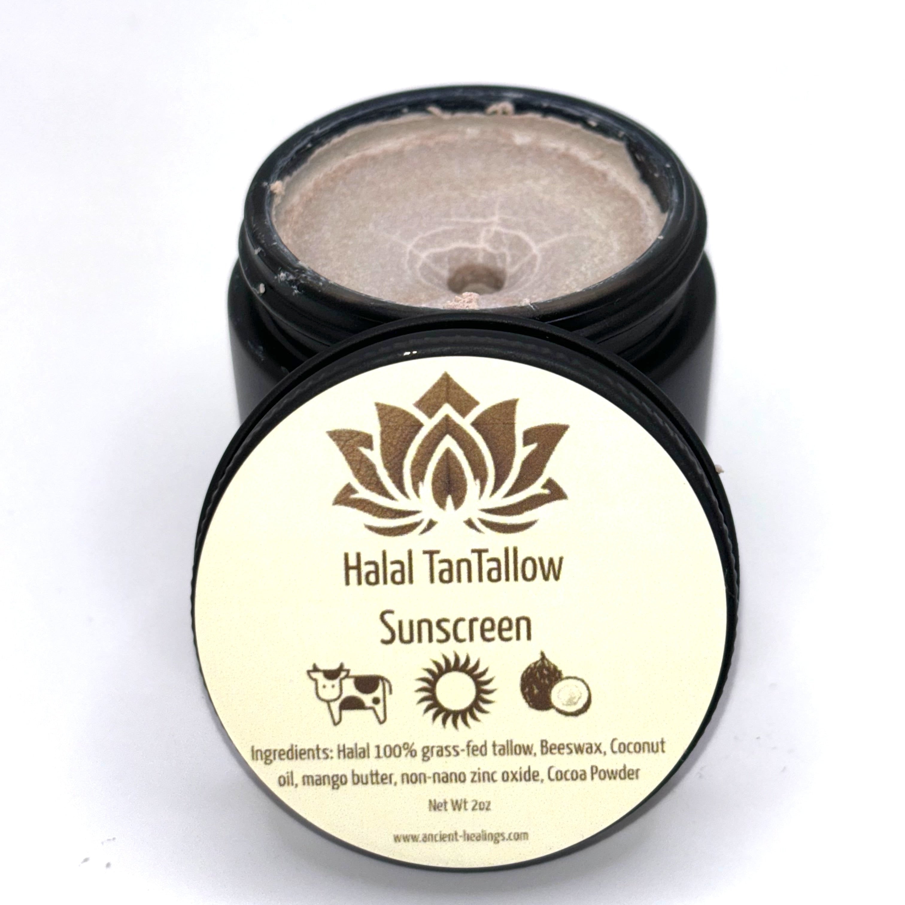 Ancient Health & Healings Halal TanTallow® Sunscreen in a 2oz container, gentle sun protection with natural ingredients.