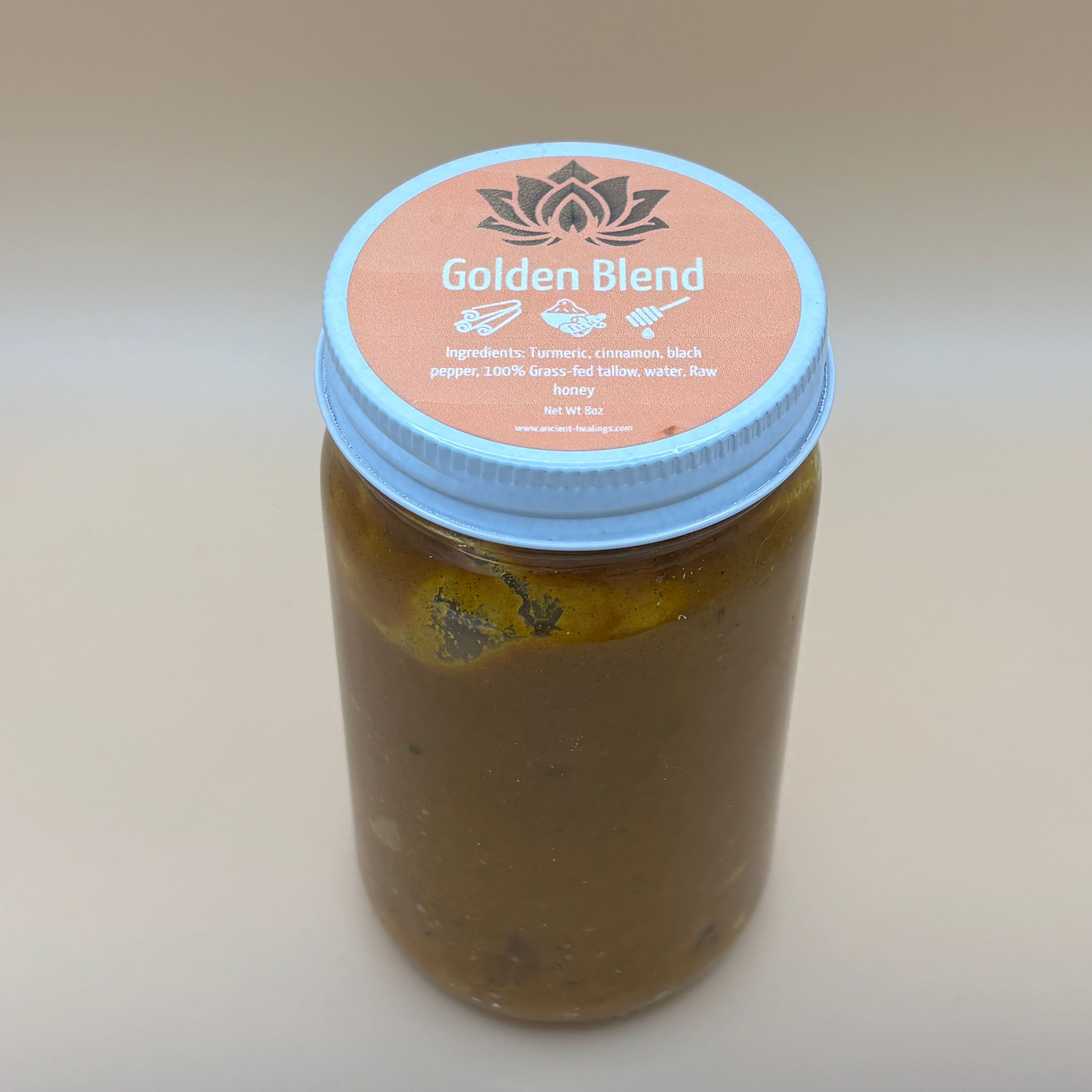 Golden Blend supplement bottle from Ancient Health & Healings displayed with label showing product name and branding.