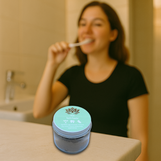 Ancient Health & Healings peppermint remineralizing toothpaste powder in a jar, showing the natural mineral-rich dental care product.