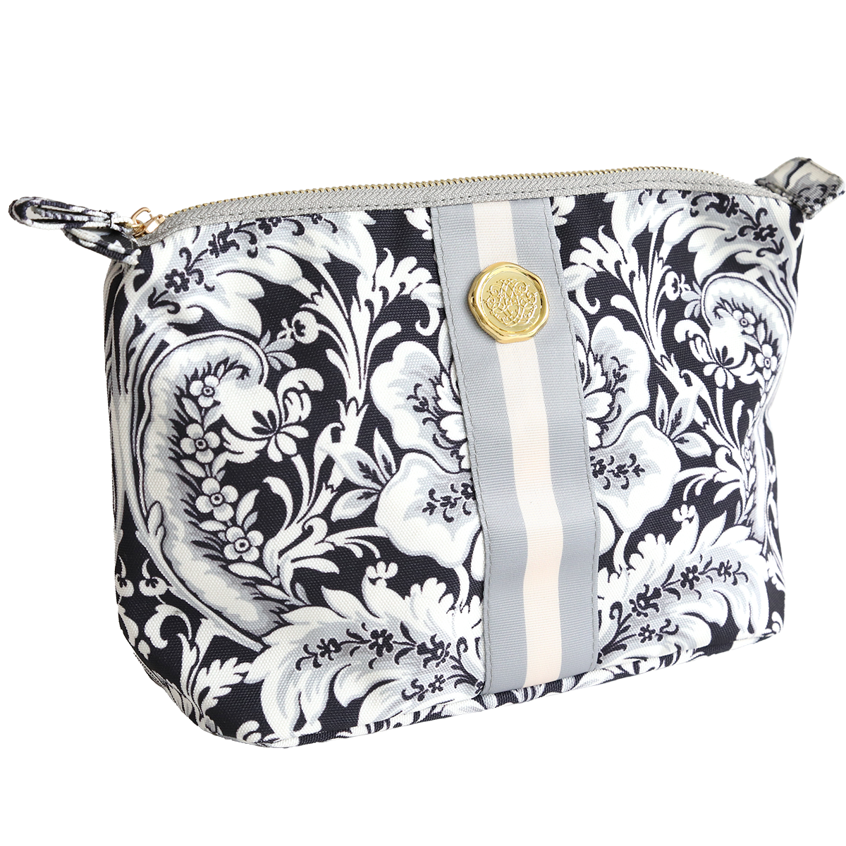 Large Damask Noire cosmetic bag by Anna Griffin Inc. featuring a black and white damask pattern with a zipper closure.