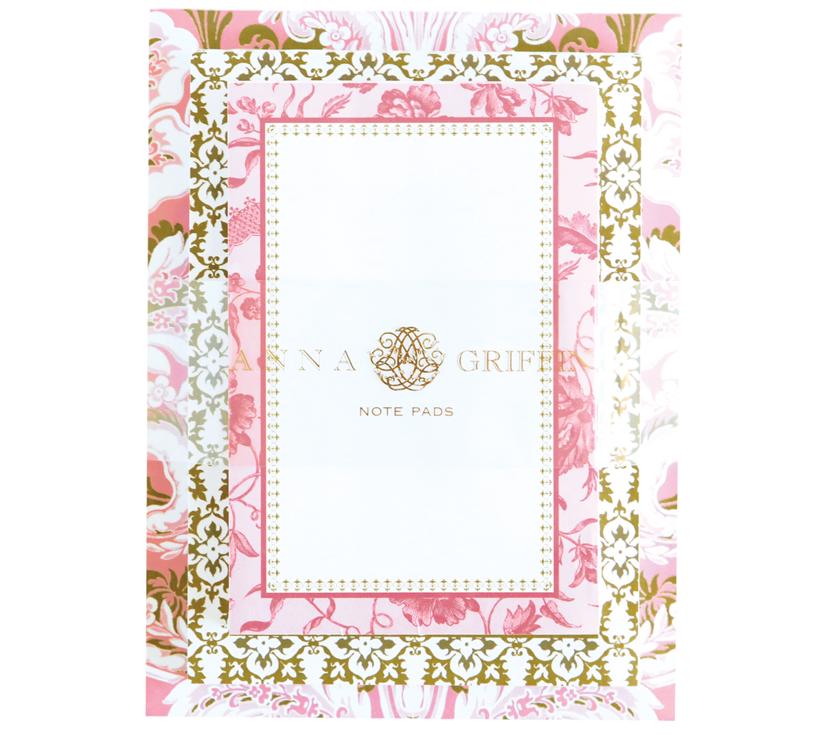 Pink damask notepad set by Anna Griffin Inc. featuring elegant floral patterned notebooks with matching covers and decorative accents.