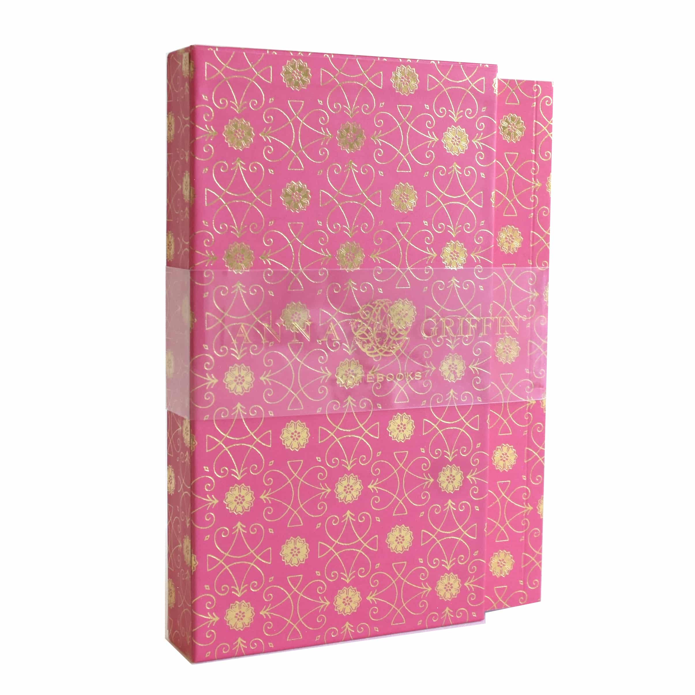 Pink notebook set with floral designs from Anna Griffin Inc., featuring multiple notebooks with decorative covers and binding.