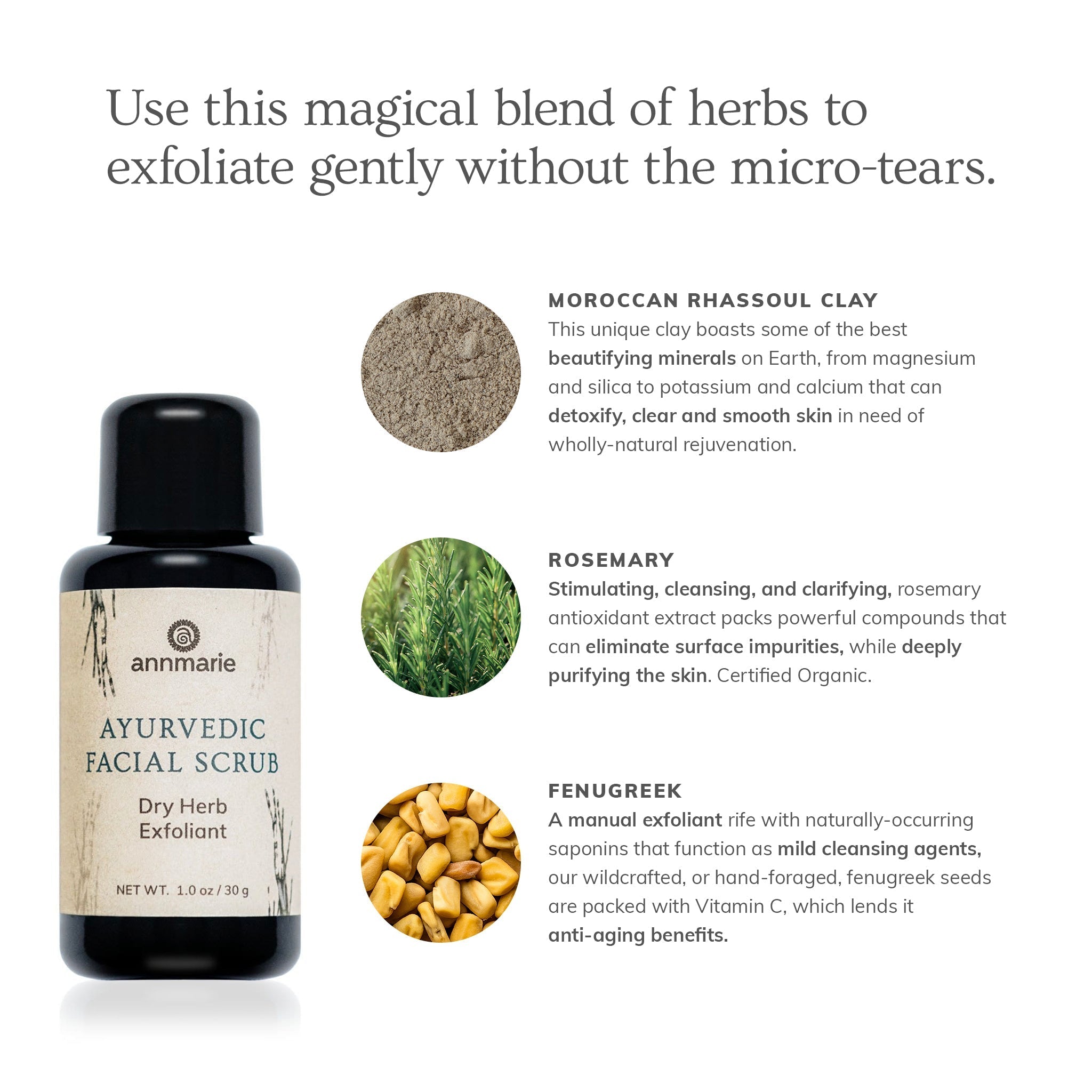 Ayurvedic Facial Scrub by Annmarie Skin Care in 30ml bottle, natural exfoliant for glowing skin, displayed in the product image.