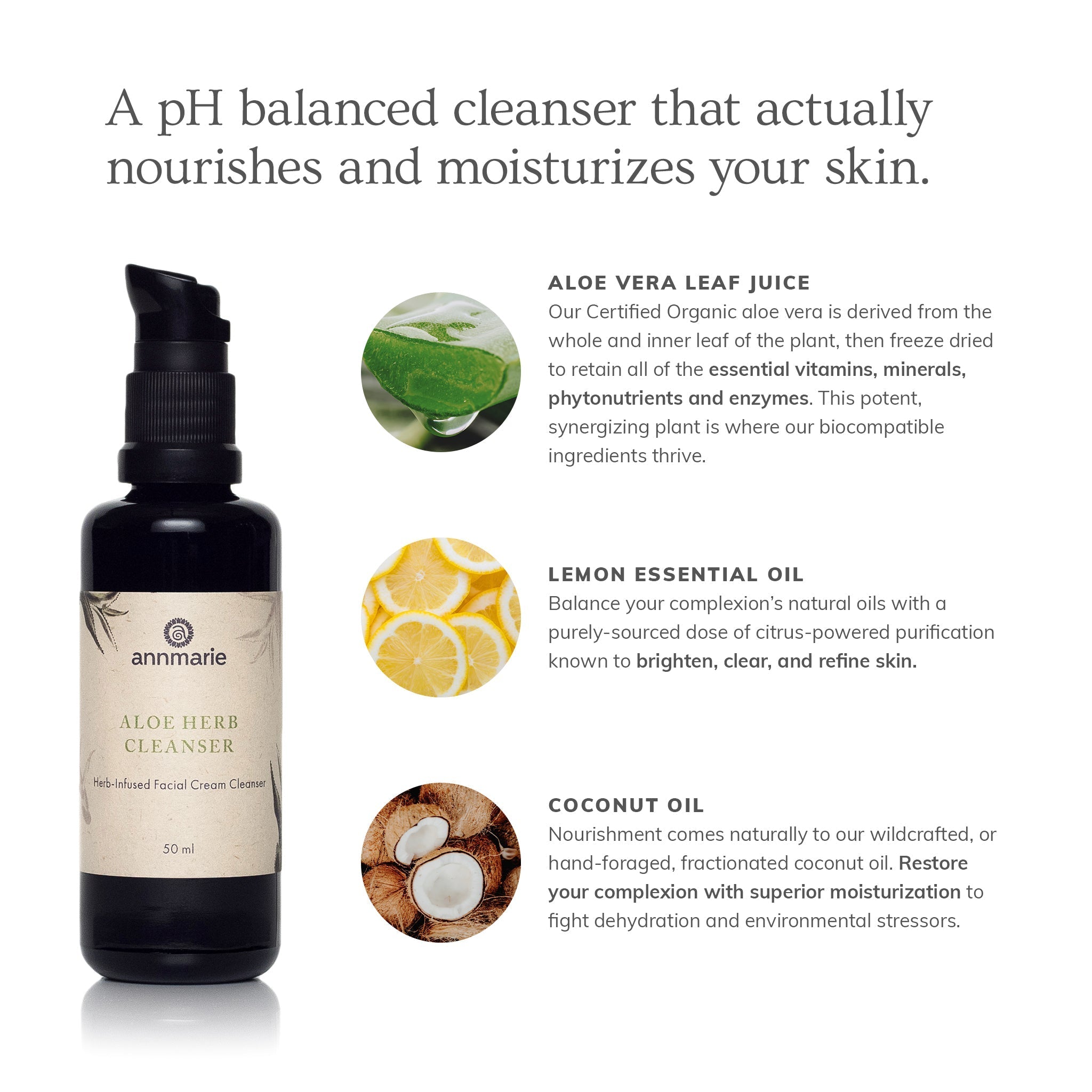 Aloe Herb Cleanser 50ml from Annmarie Skin Care, natural facial cleanser with aloe and herbs, in a clear bottle.
