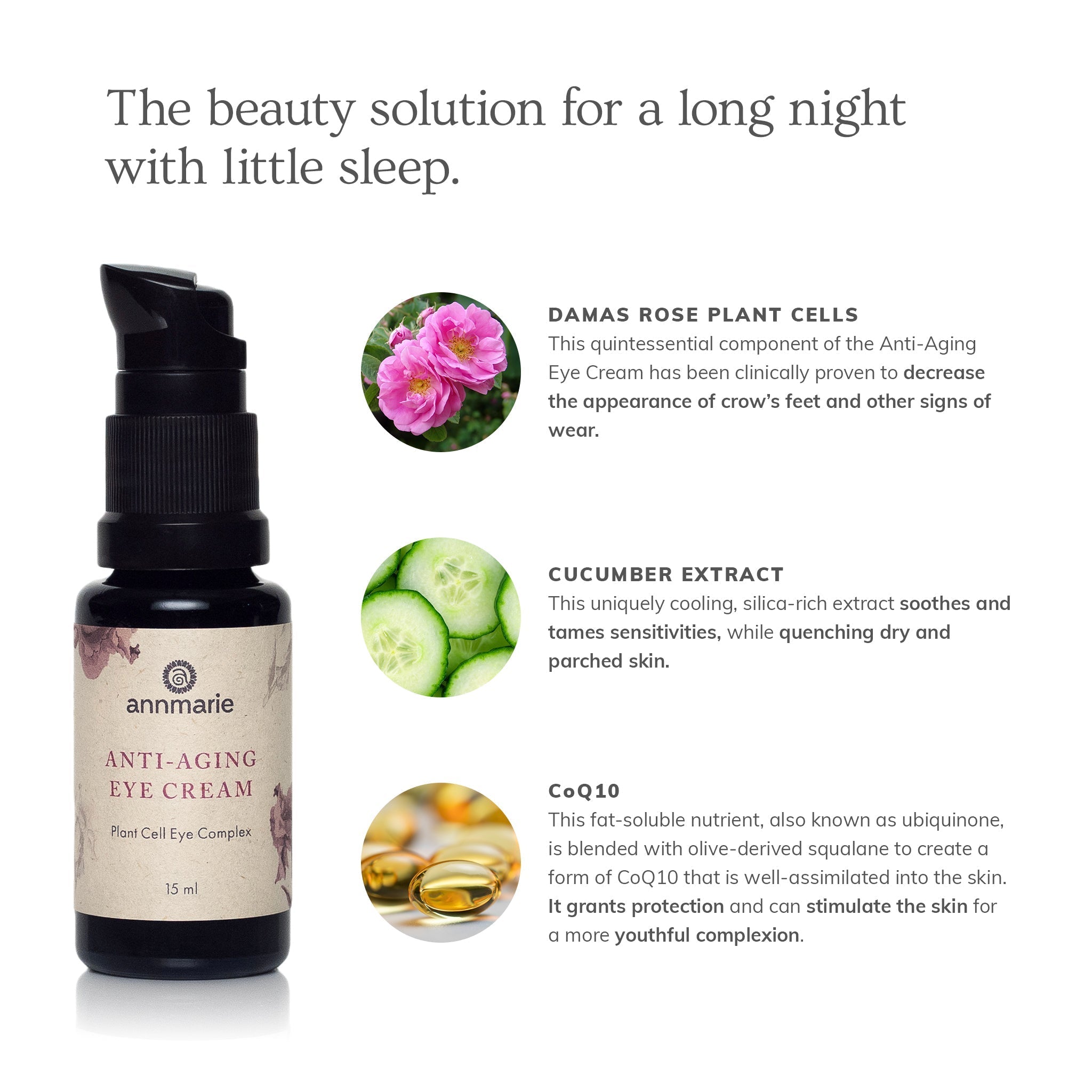 Anti-aging eye cream by Annmarie Skin Care in 15ml tube, designed to reduce fine lines and rejuvenate the eye area.