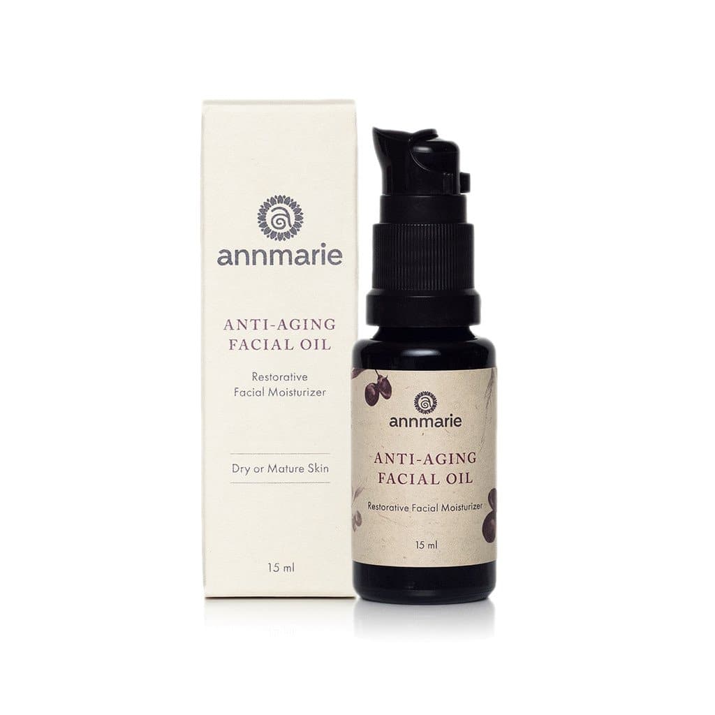 Anti-aging facial oil from Annmarie Skin Care, 15ml bottle with natural ingredients in a clear glass container.