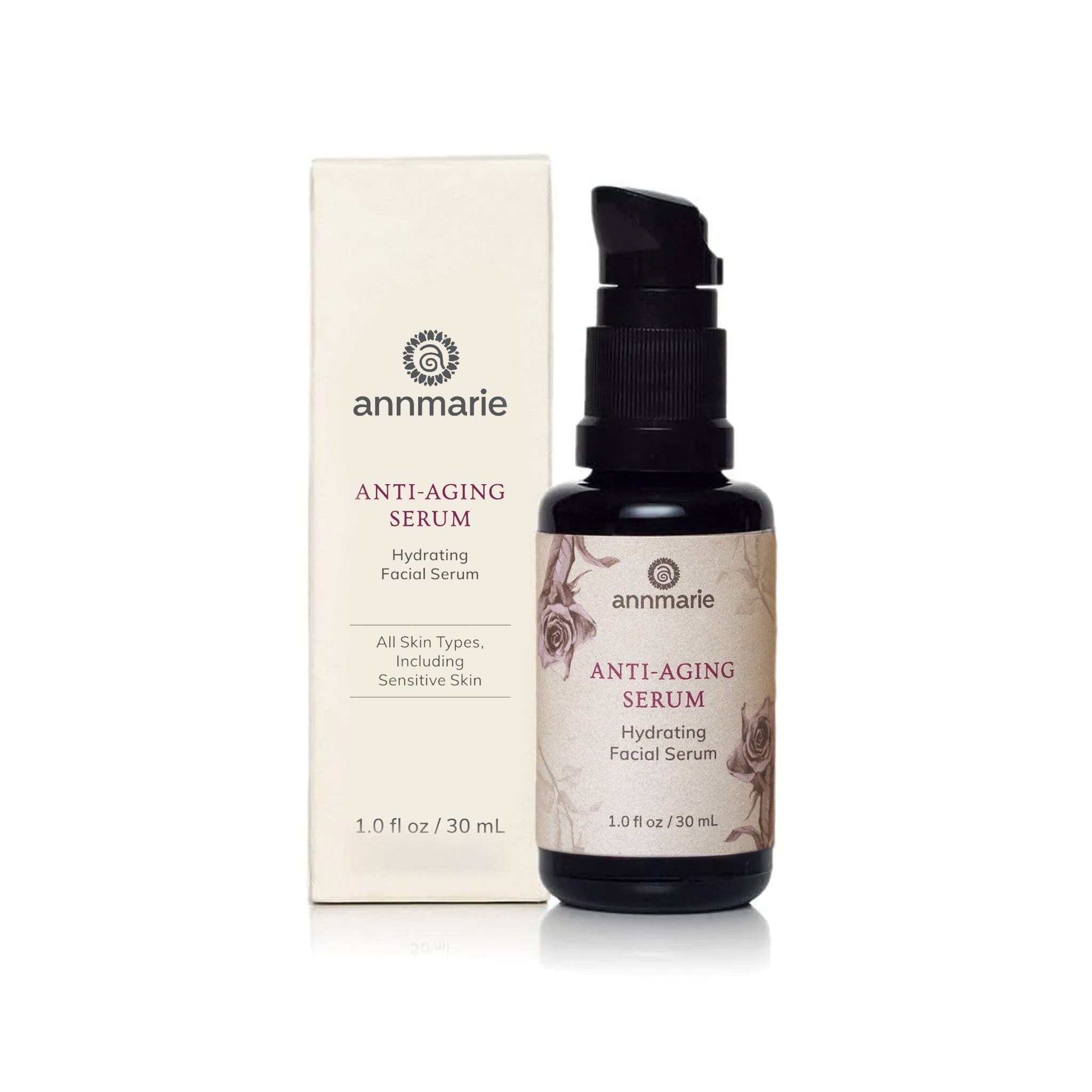 Bottle of Annmarie Skin Care Anti-Aging Serum, 30ml, in a sleek dark glass container with a pump dispenser.