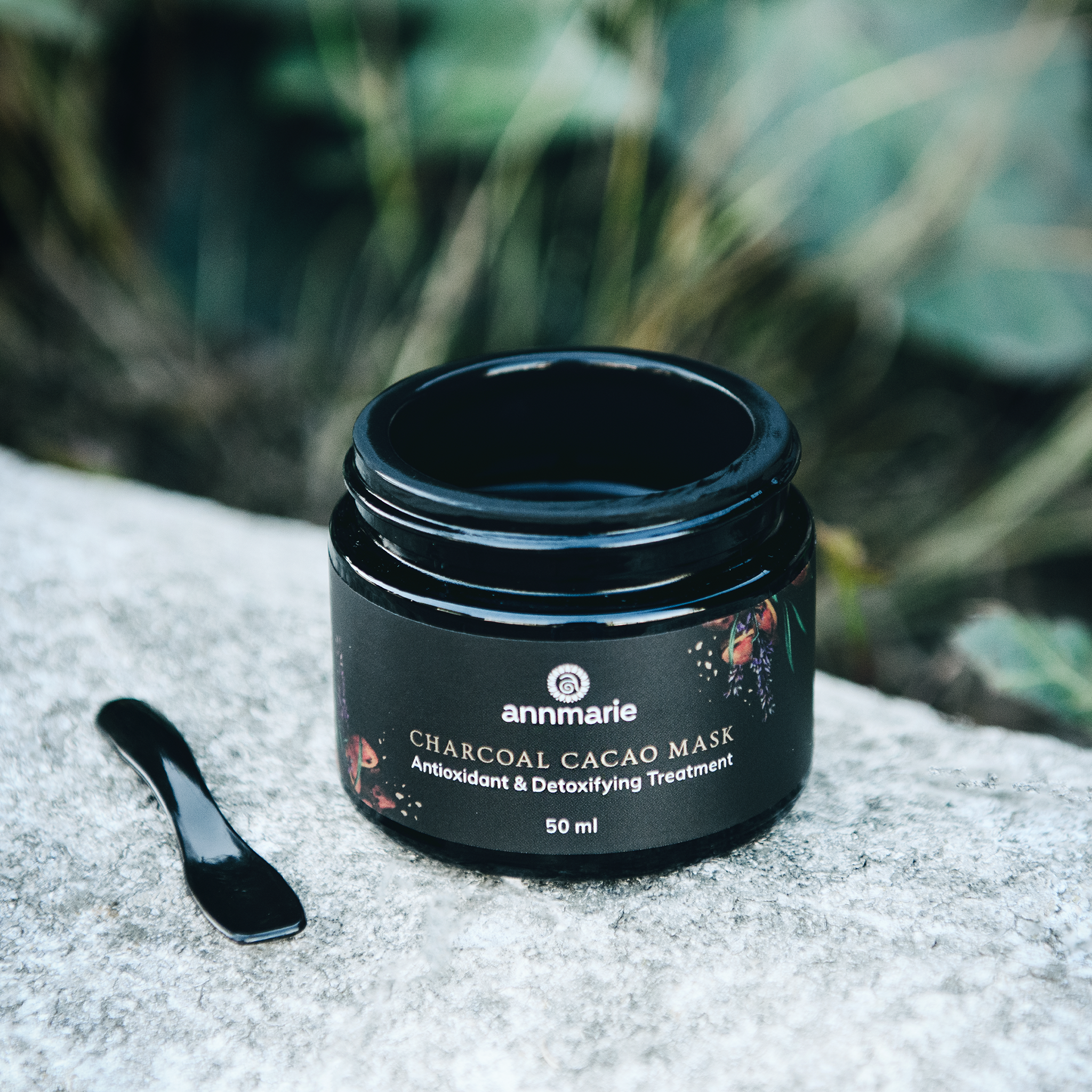 Charcoal cacao mask in 50ml jar by Annmarie Skin Care, featuring a dark, creamy facial mask with natural ingredients.