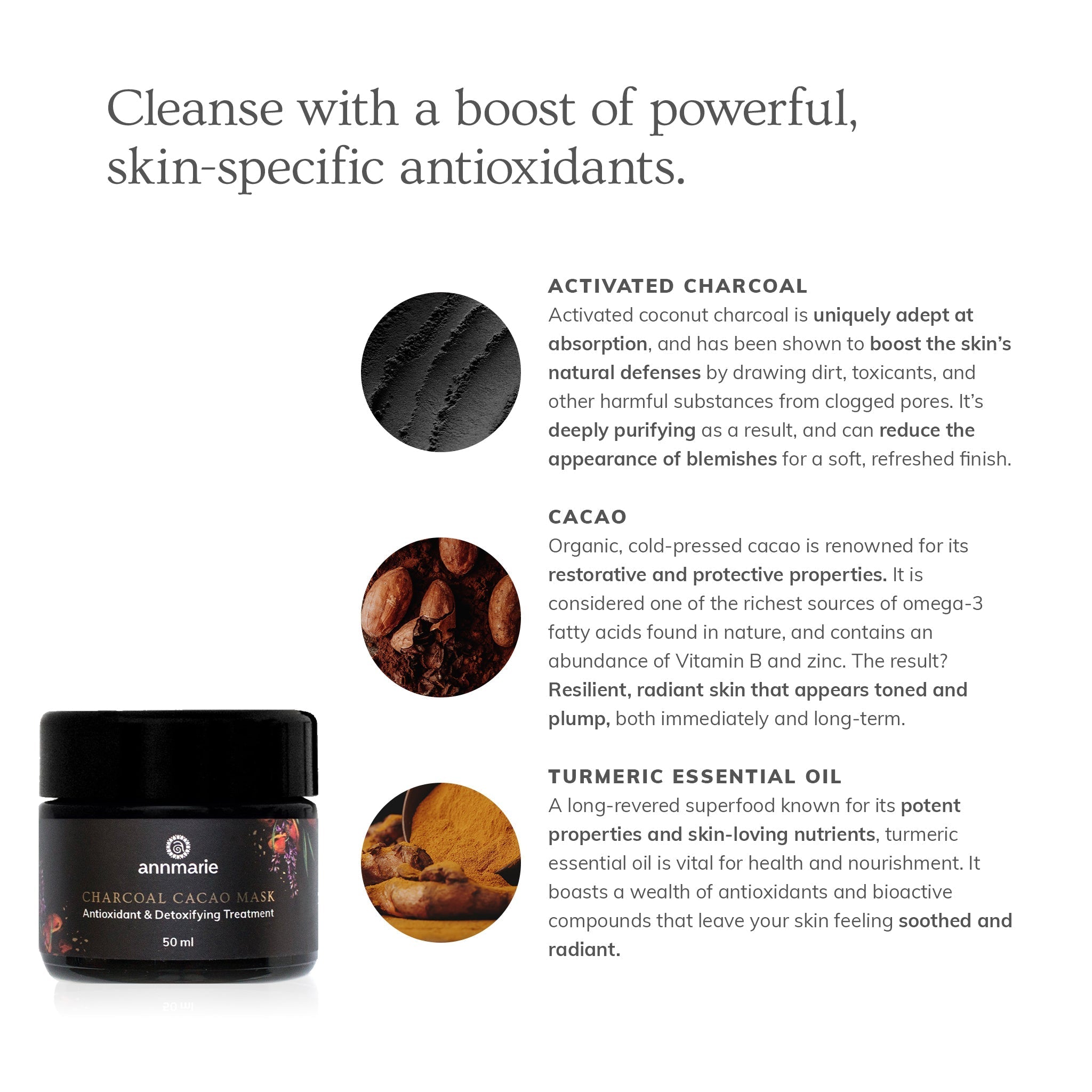 Annmarie Skin Care Charcoal Cacao Mask in 50ml jar, featuring a dark, creamy facial mask with charcoal and cacao ingredients.