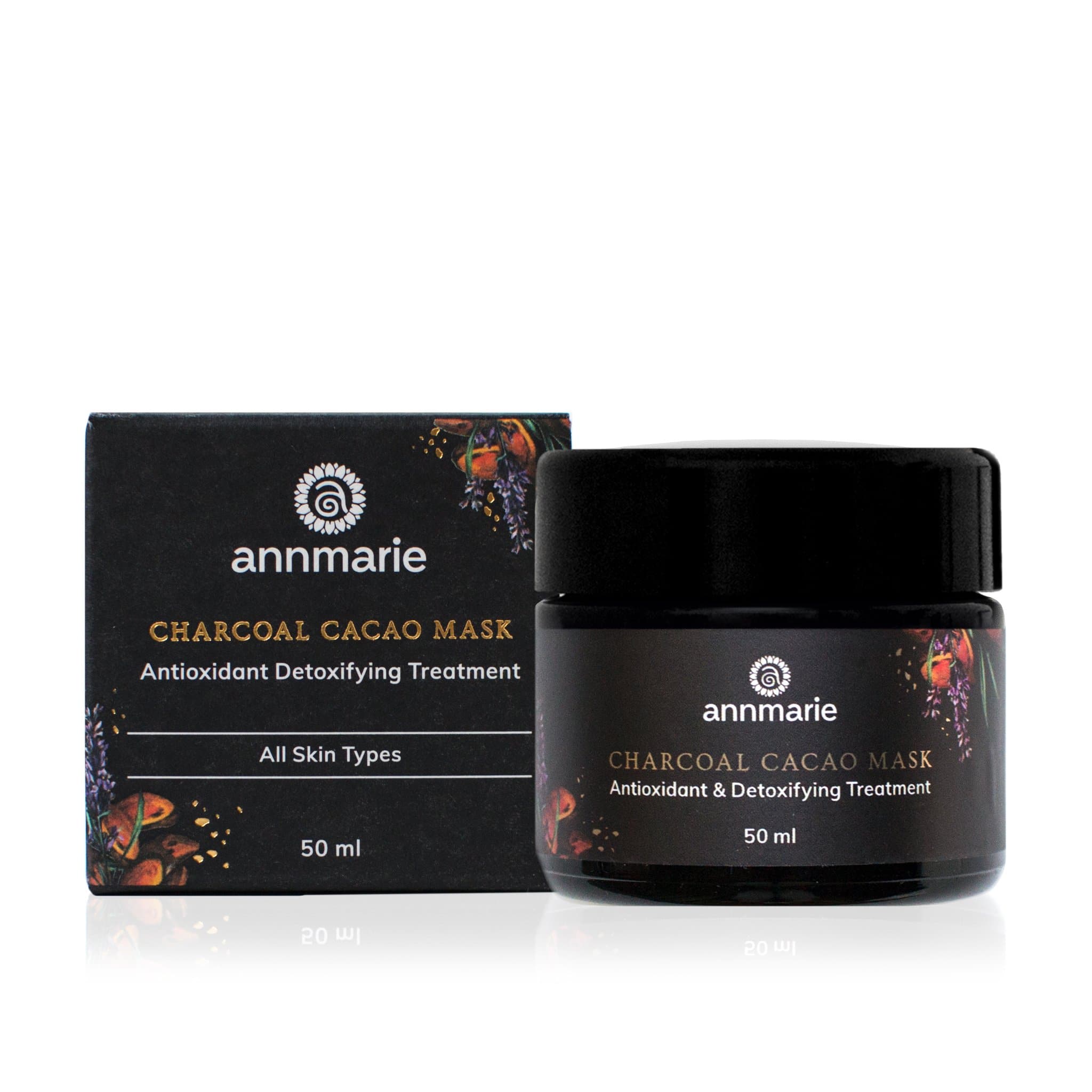 Charcoal cacao mask in a 50ml jar by Annmarie Skin Care, featuring a dark, creamy facial treatment with natural ingredients.